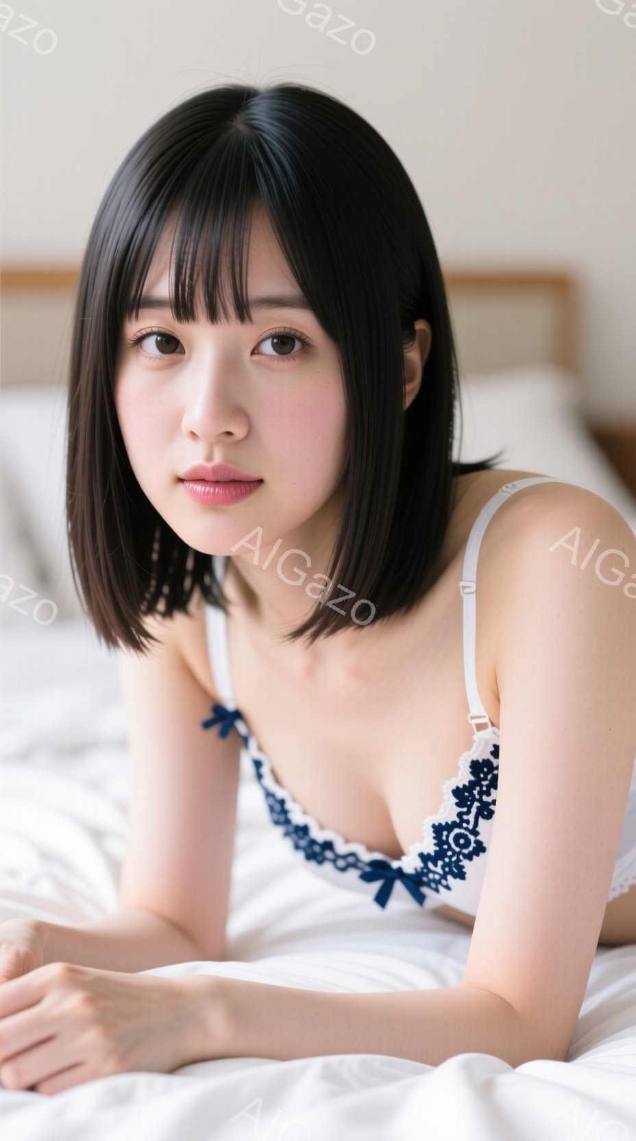 ショートヘアの女性が白いベッドに横たわっています。彼女は紺色と白いレースのブラレットを着ており、リラックスした表情でカメラを見つめています。背景は白くシンプルなシーツで、穏やかで静かな雰囲気を醸し出し - AI生成フリー素材