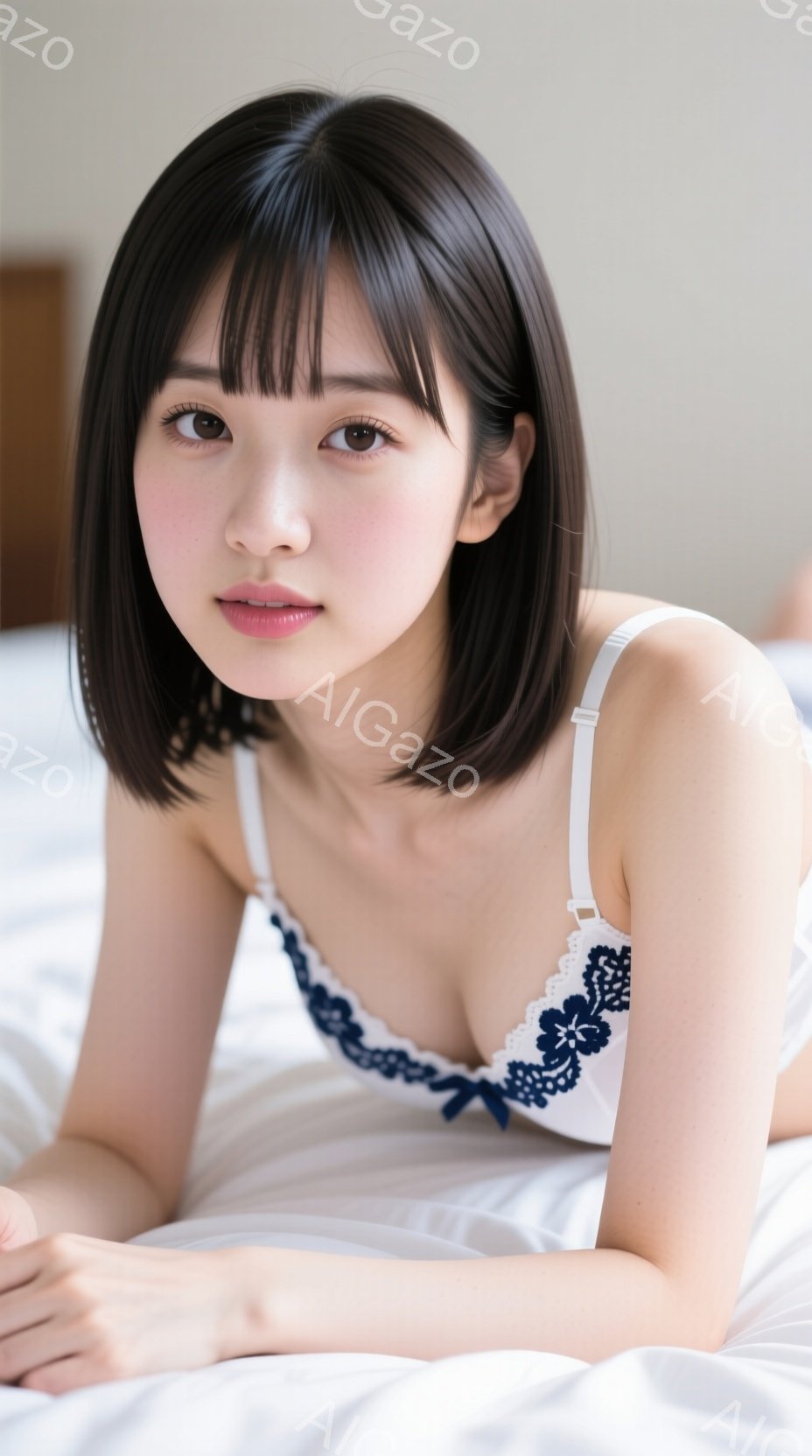 黒髪のボブヘアの女性が、白いレースのキャミソールを着てベッドに横たわっています。彼女は穏やかな表情でカメラを見つめ、リラックスした姿勢で腕を体の横に置いています。背景は白く、柔らかく温かい雰囲気を醸し - AI生成フリー素材