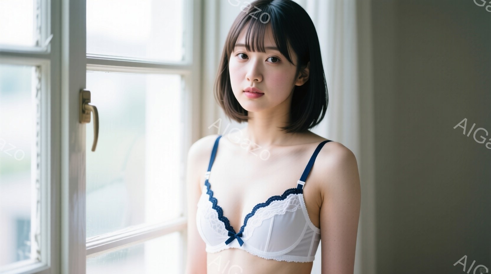 明るい色のブラレットを身に着けた若い女性が、窓辺に立っています。彼女は肩までの長さの黒髪で、穏やかな表情を浮かべています。背景はぼやけており、窓の外には緑が見え、全体的に柔らかく自然な雰囲気を醸し出し - AI生成フリー素材