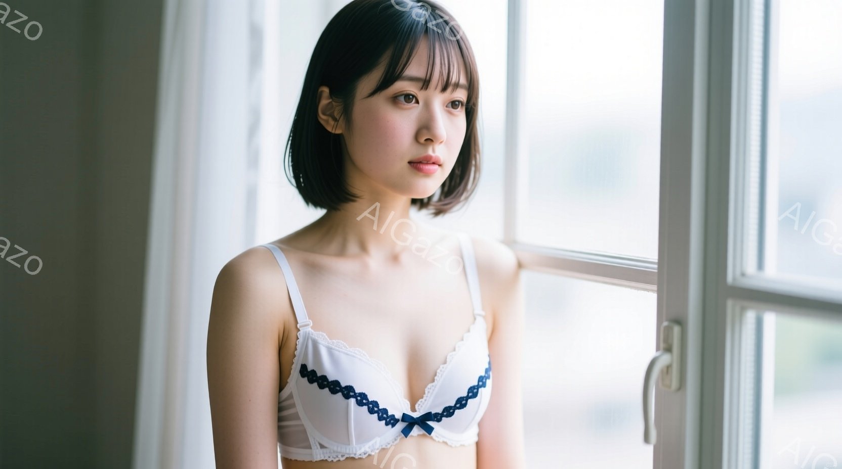 白いレースのブラレットを着用した若い女性が、窓辺に立っている。彼女は短い黒髪で、やや憂いを帯びた表情で遠くを見つめている。背景にはぼやけた緑の風景が広がり、穏やかで内省的な雰囲気を醸し出している。