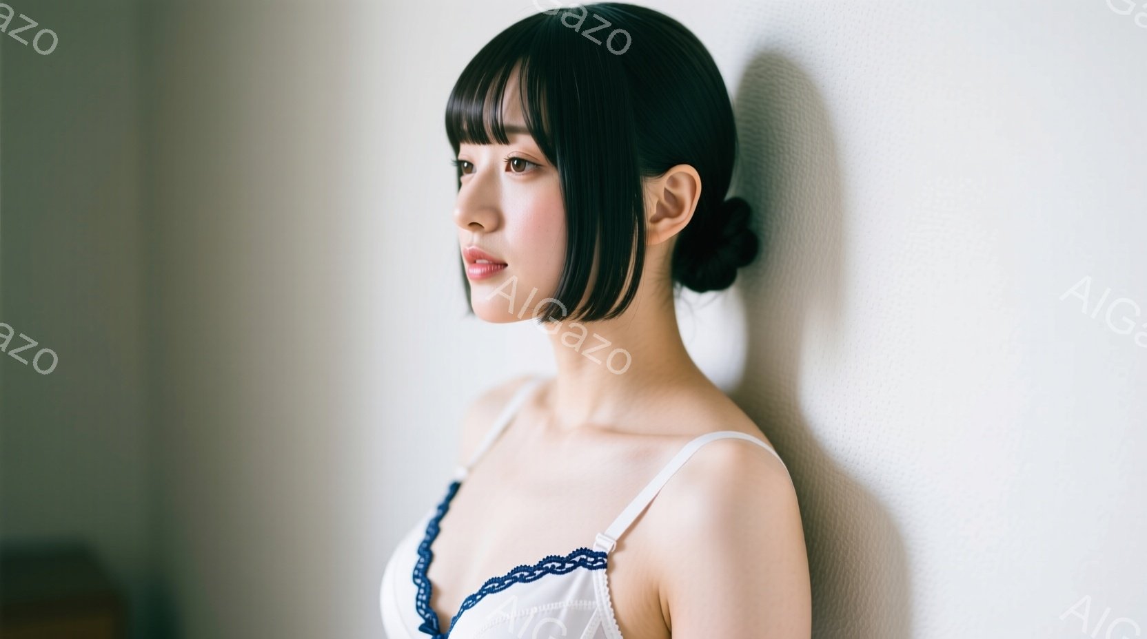 浅黒い髪を耳にかける若い女性が、白いレースのキャミソールを着て壁にもたれかかっています。彼女は少し微笑み、横顔を見せており、柔らかく穏やかな表情をしています。背景は白く、室内である様子が伺え、全体的に - AI生成フリー素材