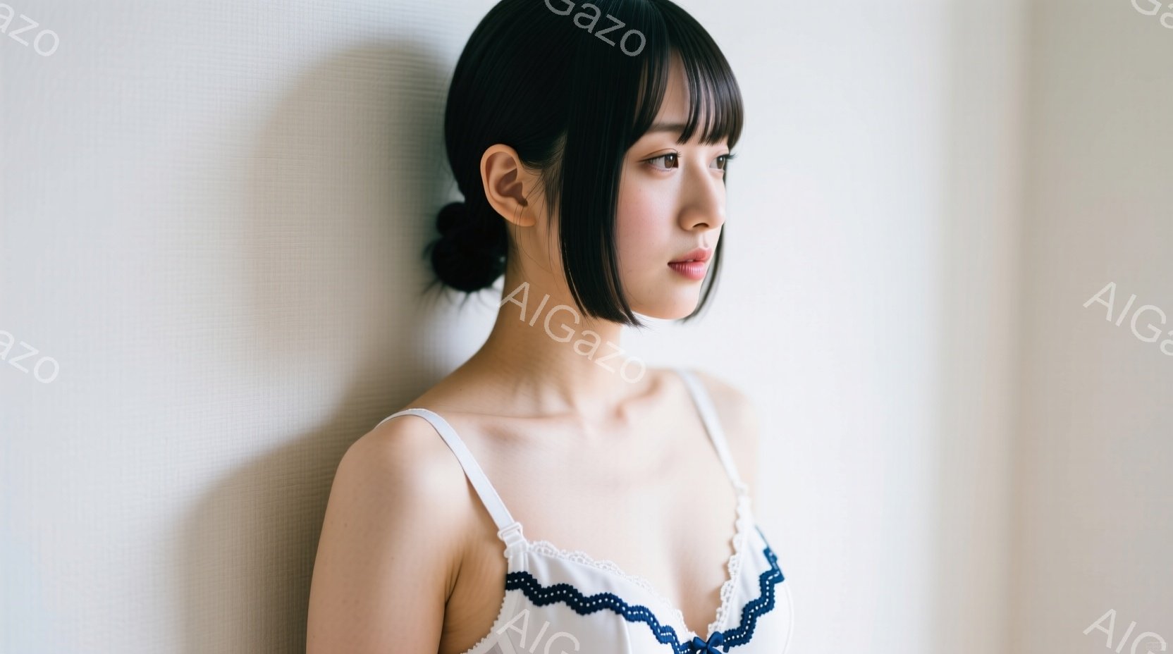 ショートヘアの女性が、白いストラップのブラレットを着て、少し横を向いて立っています。彼女は穏やかな表情で、どこか物憂げな視線を投げかけています。背景は白く、柔らかい光が彼女を照らし、全体的に優しい雰囲 - AI生成フリー素材