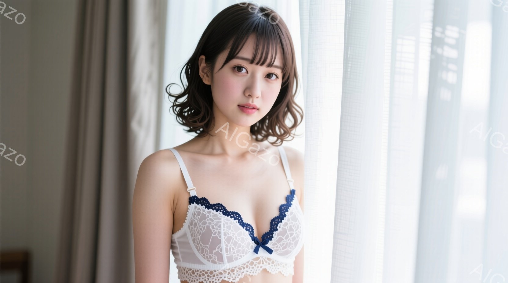 画像は、レースの白いブラジャーを着用した若い女性が写っています。彼女は少し微笑み、肩までの長さの茶色の髪をしています。背景は白くぼやけたカーテンで、室内であることがわかります。 - AI生成フリー素材