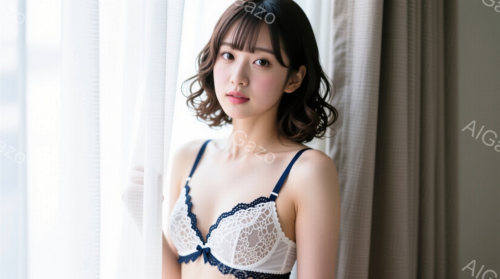 明るい髪の女性が、白いレースのブラジャーに青いストラップを身に着けて立っています。彼女は少し微笑んでおり、髪は肩までの長さでカールしています。背景には白いカーテンがあり、光が柔らかく差し込んで、穏やか - AI生成フリー素材