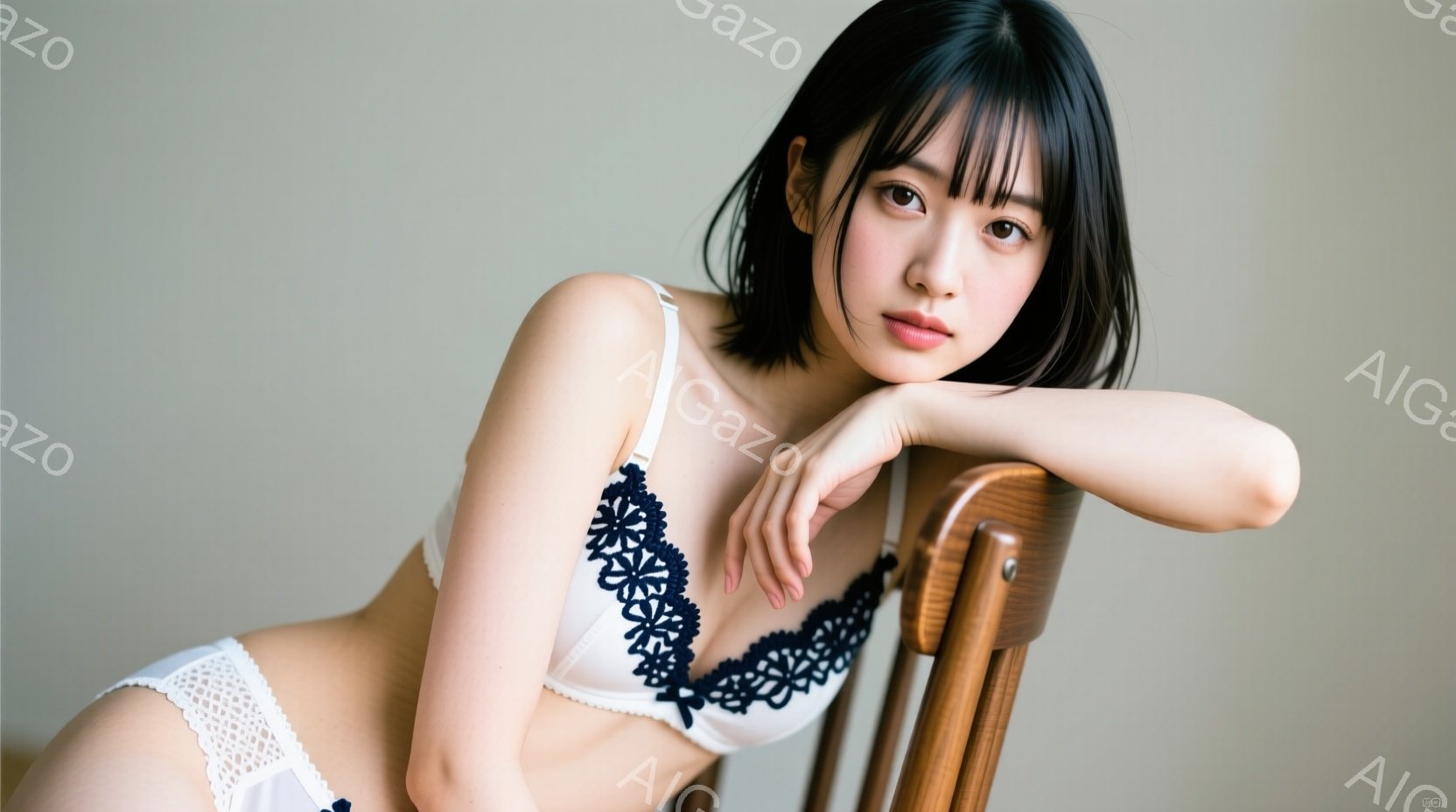 黒髪の女性が椅子に肘をついて横たわっており、白いレースのブラジャーとショーツを身に着けています。彼女は少し微笑んでおり、リラックスした表情をしています。背景は明るいグレーで、全体的に柔らかく、官能的な - AI生成フリー素材