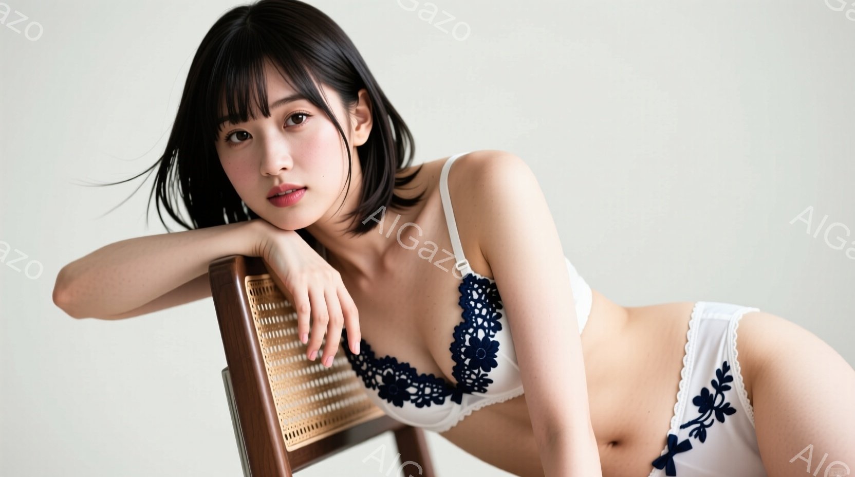 黒髪の女性が、白いレースとネイビーの縁取りが施されたブラジャーとショーツのセットを着用し、木の椅子に横たわっています。彼女は片手を椅子の背もたれにつけ、体を少しひねらせてカメラを見つめており、落ち着い - AI生成フリー素材