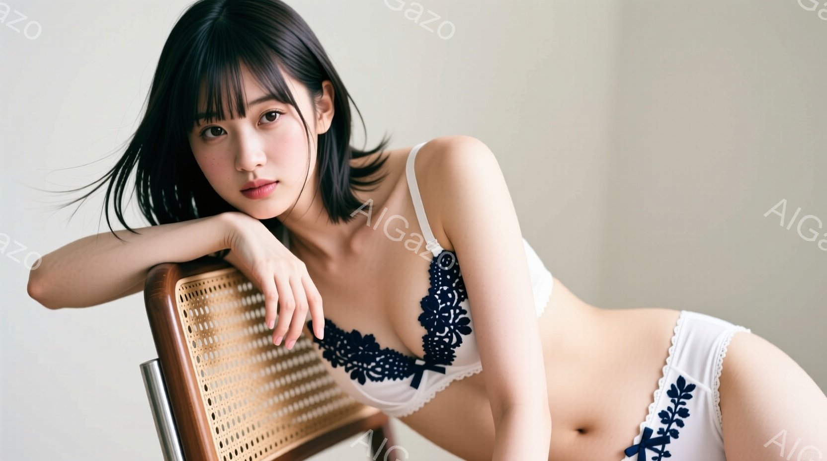 長い黒髪の女性が、白と黒のレースが特徴的なブラとショーツ姿で、籐製の椅子に肘をついて横たわっています。彼女はカメラを見つめ、落ち着いた表情を浮かべています。背景は白く、全体的に柔らかく上品な雰囲気です。