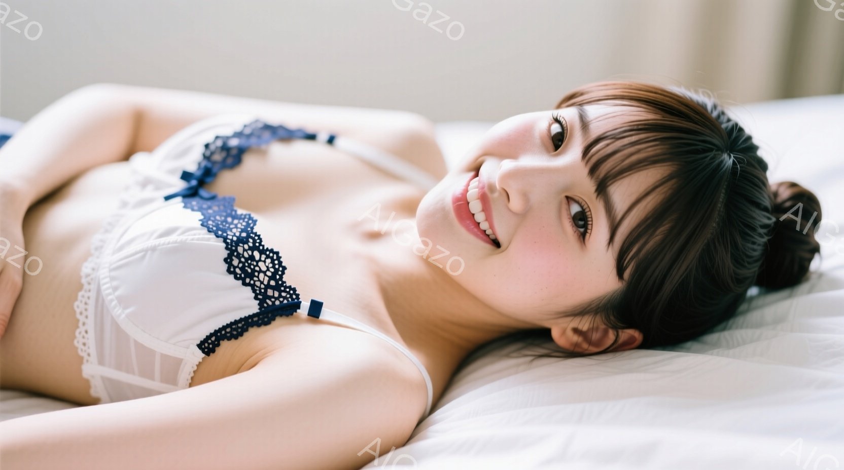 明るい肌色の女性が白いベッドに横たわっています。彼女は白いレースのブラジャーに青いリボンがついており、髪はダークブラウンで、顔の周りにいくつかのストランドが落ちています。彼女はカメラに向かって微笑んでおり、リラックスした雰囲気です。
