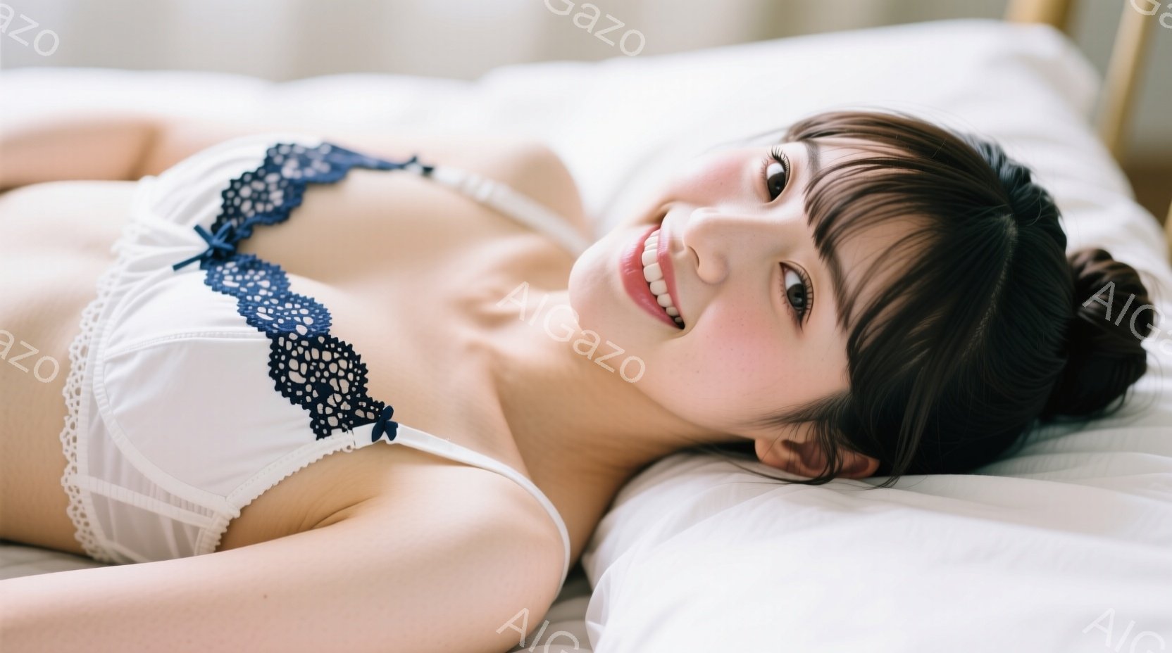 黒髪の女性が白い枕に横たわり、白いレースとネイビーの装飾が施されたブラレットを着用しています。彼女はカメラに向かって微笑んでおり、リラックスした雰囲気です。背景はぼやけていますが、柔らかい光が差し込み - AI生成フリー素材