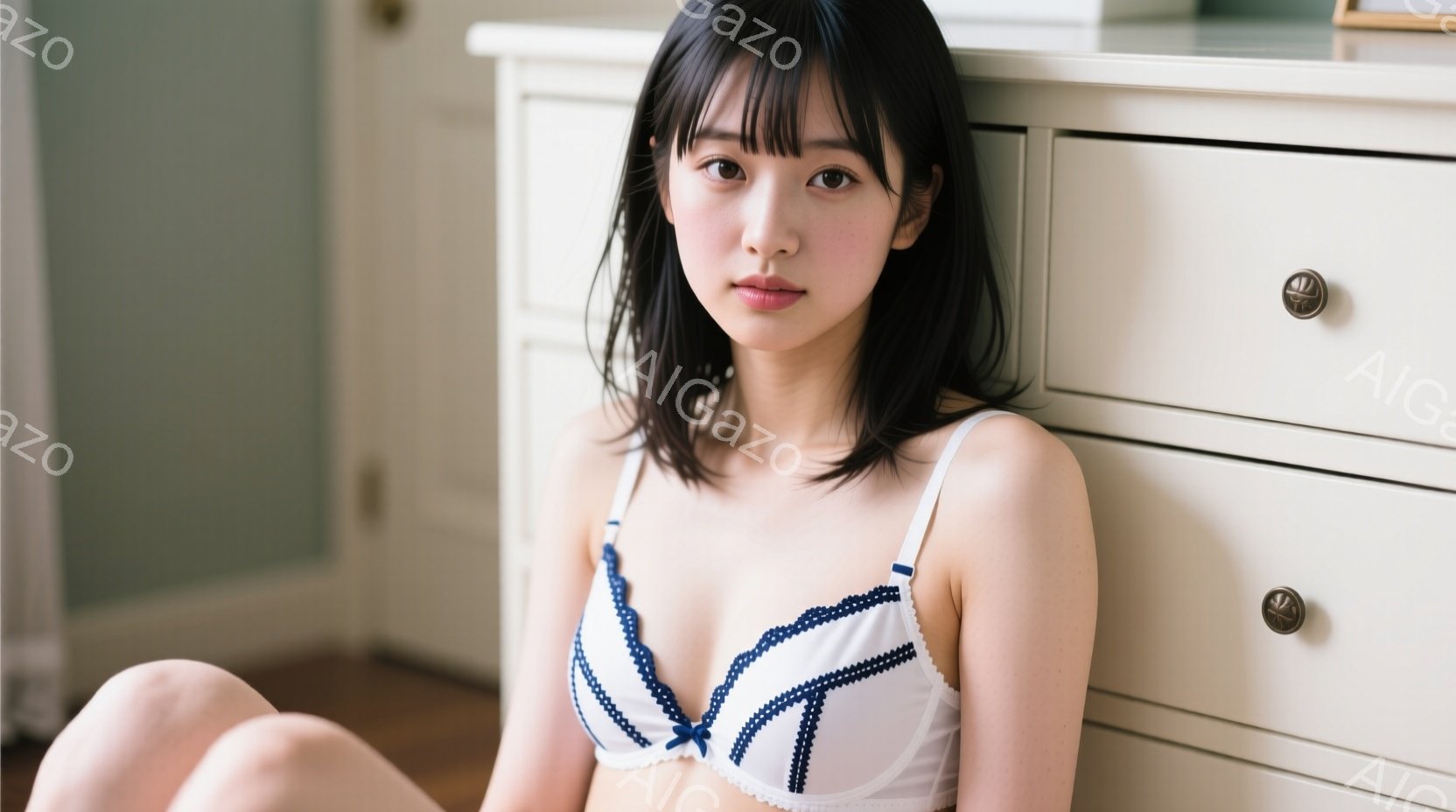黒髪の女性が白いブラレットと短いズボンを身につけ、床に座っている。彼女は落ち着いた表情で、少し微笑んでいるように見える。背景には白いチェストがあり、壁は薄い緑色で、全体的に柔らかく落ち着いた雰囲気である。