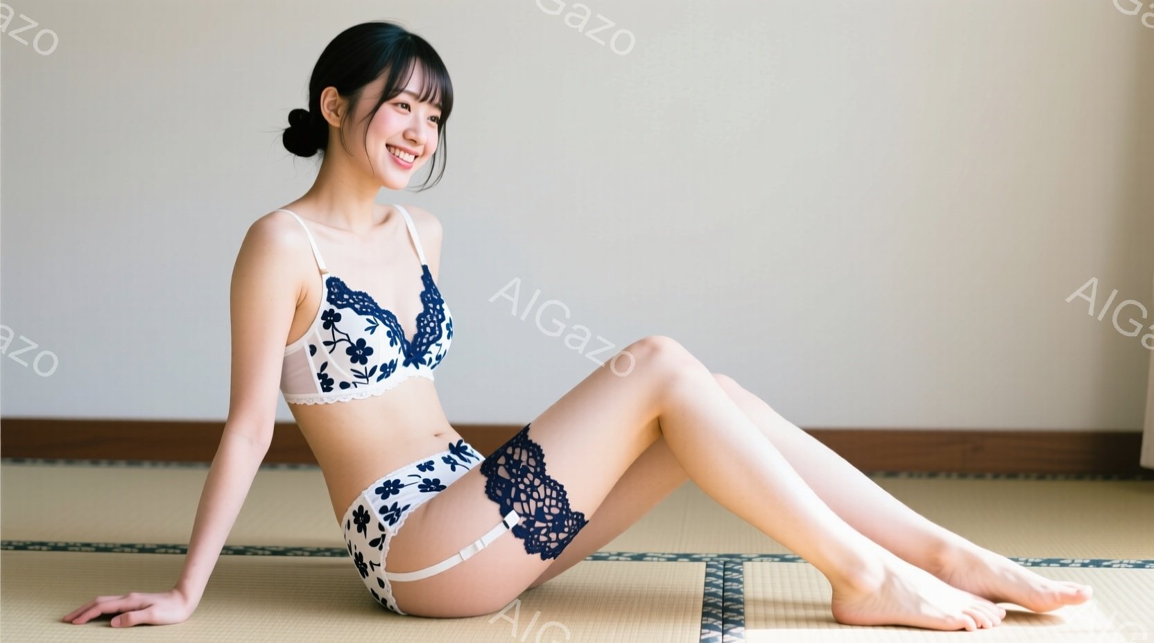 長い黒髪を後ろでまとめ、白いレースが縁取られた紺色のブラジャーとショーツを着用した女性が、畳の上に座っています。彼女は微笑んでおり、足を伸ばしてリラックスした姿勢を見せています。背景はシンプルな壁で、 - AI生成フリー素材