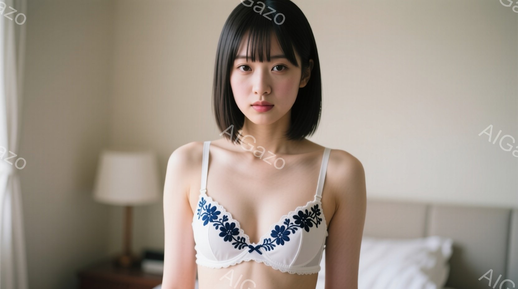 ショートヘアの女性が白いブラレットを着て、リラックスした様子でベッドに座っています。彼女は落ち着いた表情でカメラを見つめており、背景にはぼやけたベッドルームが見えます。全体的に、穏やかで親密な雰囲気の - AI生成フリー素材