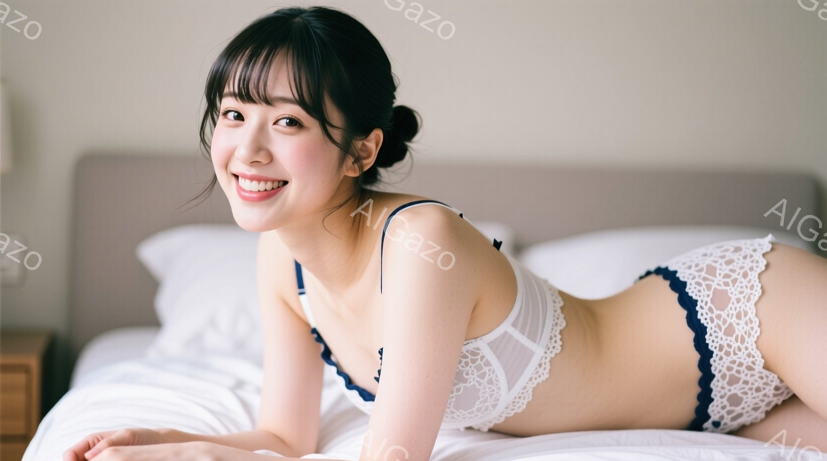 ベッドに横たわっている若い女性が写っています。白いレースのブラとパンティを身につけ、黒髪を耳にかけるようにまとめ、笑顔でカメラを見ています。背景は白くシンプルな寝室で、柔らかい光が差し込み、リラックス - AI生成フリー素材