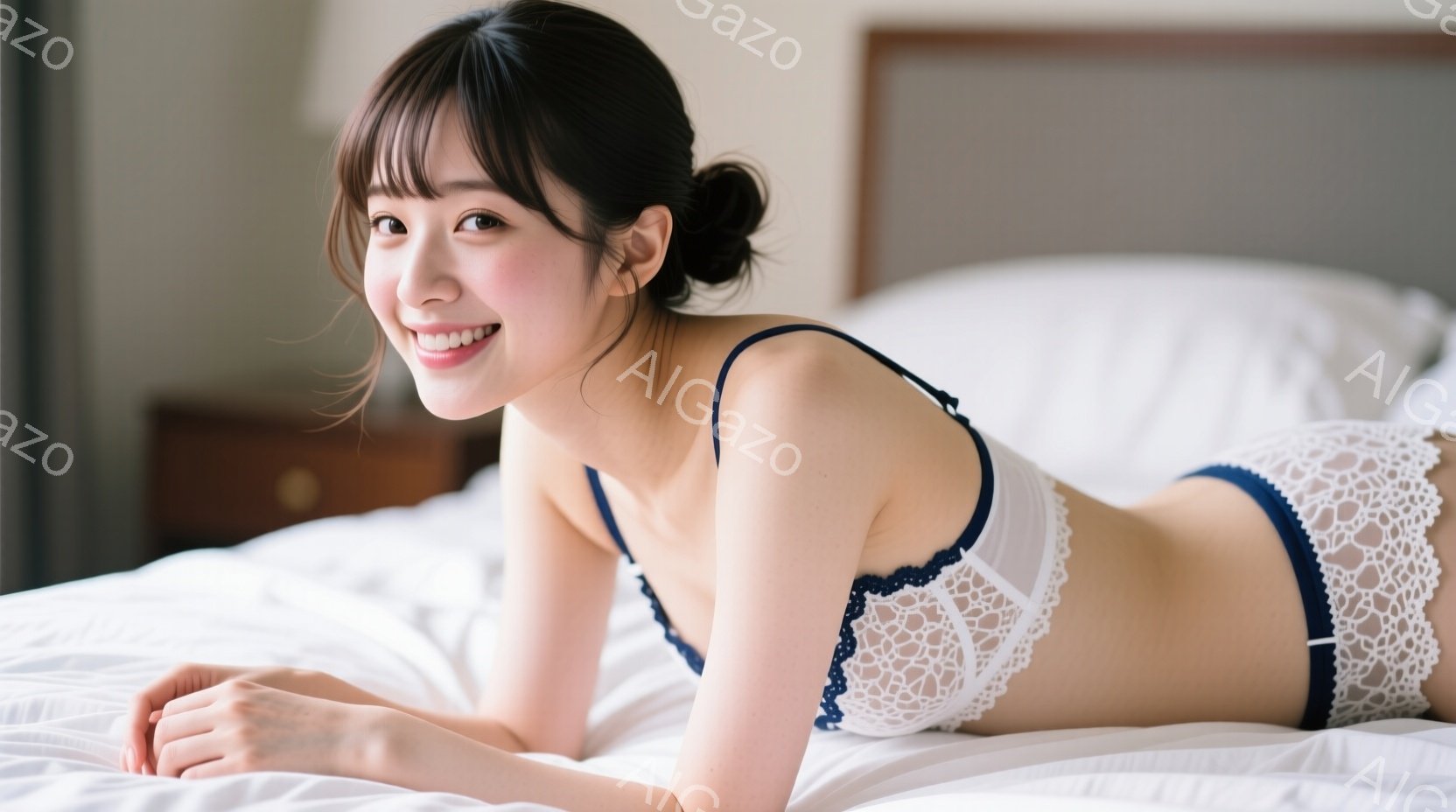 白いベッドに横たわる女性が写っています。彼女はレースのブラとショーツを身に着け、笑顔でカメラを見ています。背景はシンプルなベッドルームで、落ち着いた雰囲気です。 - AI生成フリー素材