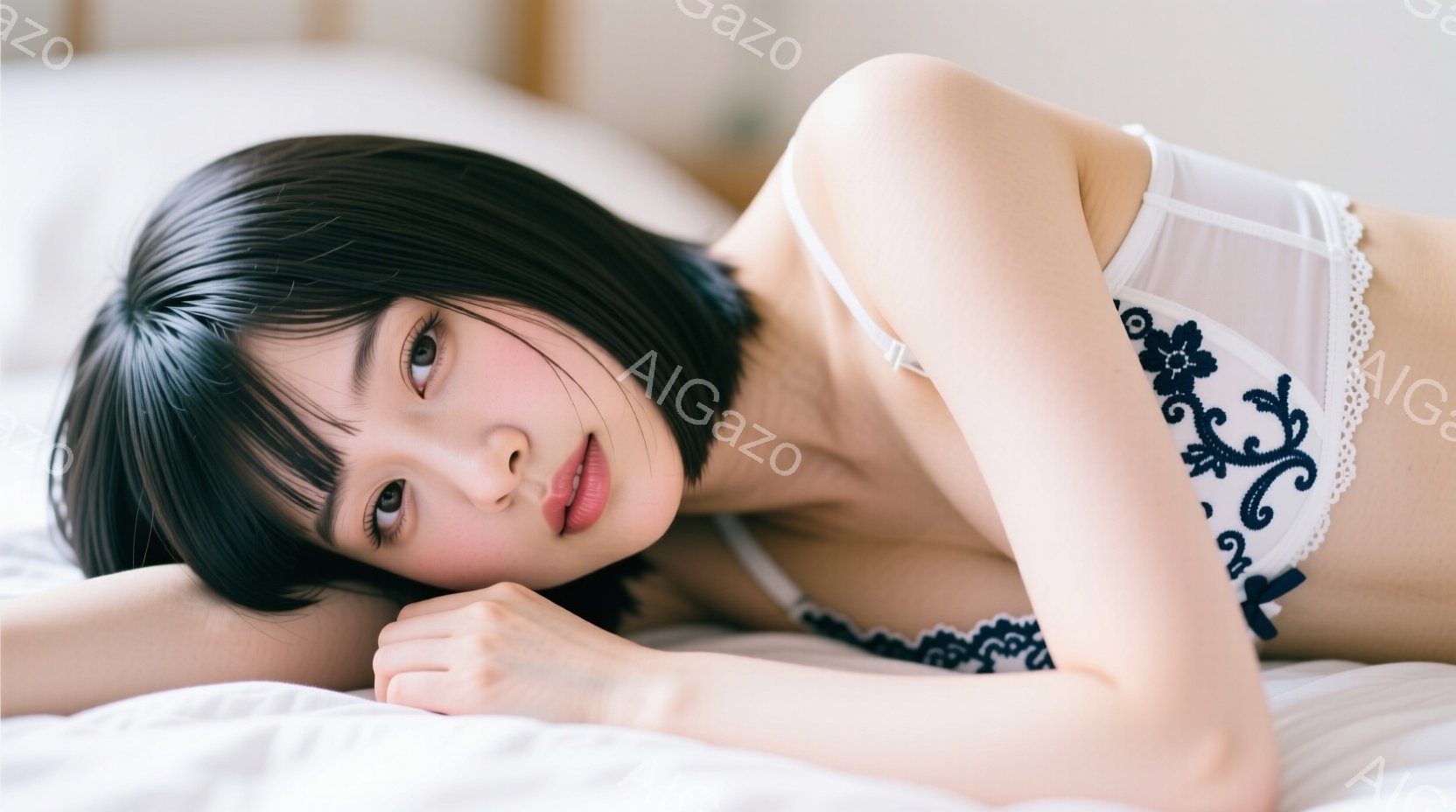 黒髪の女性が白いベッドの上に横たわっています。彼女は繊細なレースのブラレットを着用し、頬を片手で支えながらカメラに向かって微笑んでいます。背景はぼやけていますが、ベッドリネンと柔らかな光が、リラックス - AI生成フリー素材