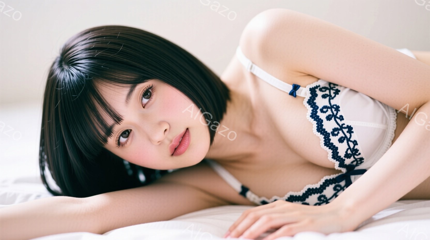 黒髪の女性が白いベッドに横たわっており、白いレースのブラレットとパンツを身につけています。彼女はカメラに向かって微笑んでおり、リラックスした表情で、わずかに体をひねって横たわっています。背景はぼやけた - AI生成フリー素材