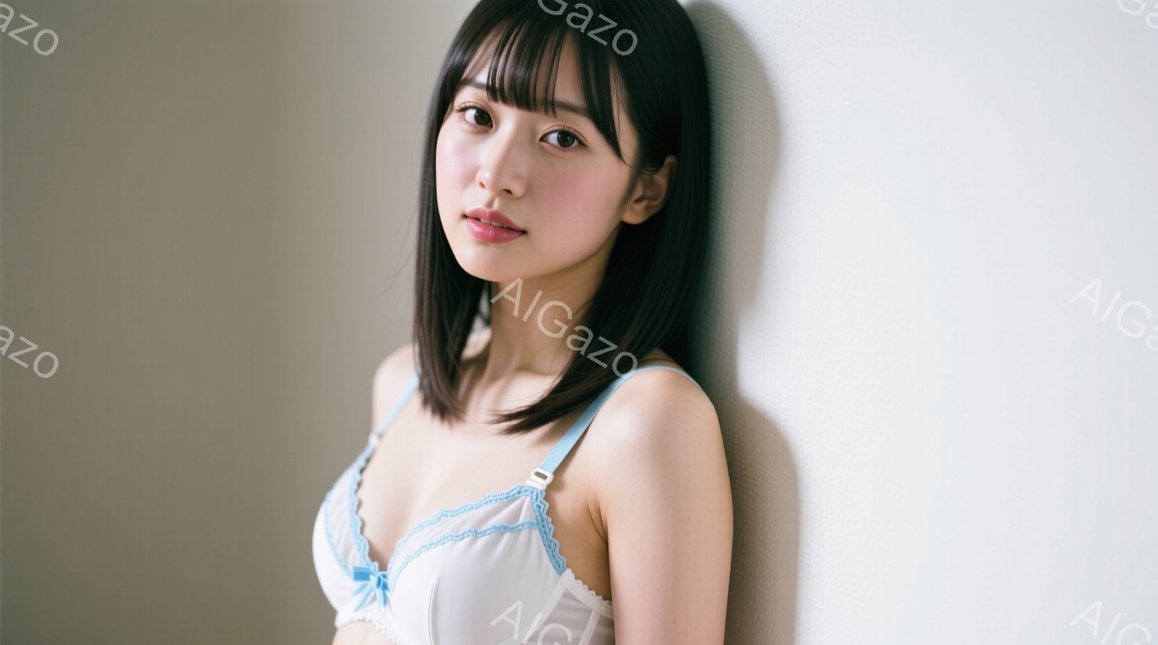 黒髪の肩までの長さのヘアスタイルをした女性が、白い壁にもたれて立っています。淡い青色のレースのブラジャーを着用し、少し微笑んだ表情をしています。背景は単調な白い壁で、全体的に柔らかく、優しい雰囲気です - AI生成フリー素材