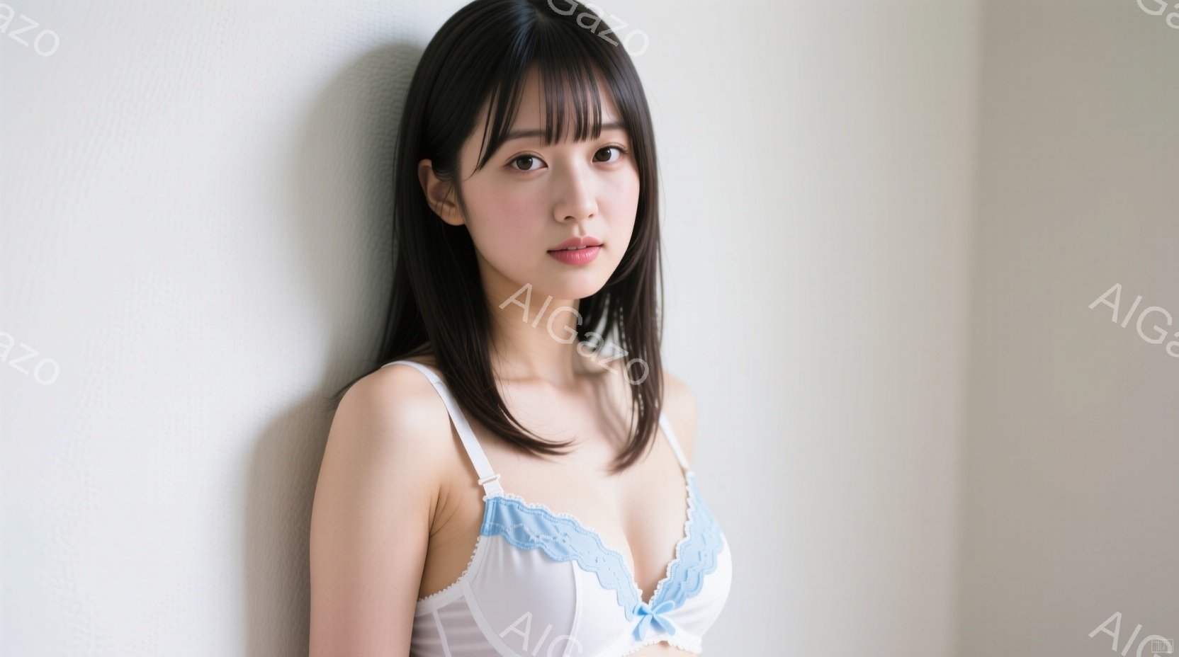 黒髪の女性が白いブラとショーツ姿で、壁にもたれて立っている。彼女は少し微笑んでおり、表情は穏やかで、髪は肩にかかる長さでストレートに伸びている。背景は白く、全体的に柔らかく、落ち着いた雰囲気を醸し出している。