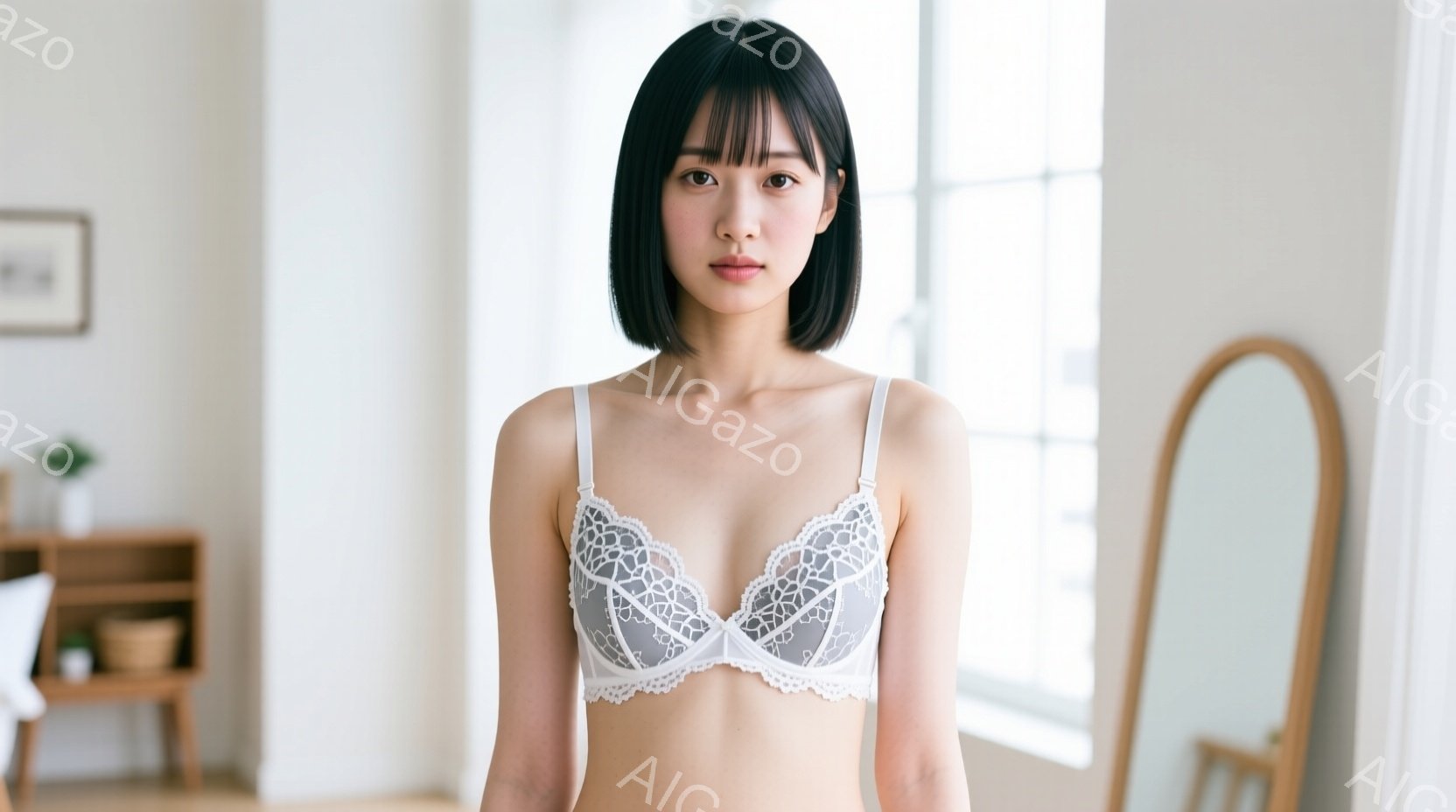 黒髪のボブカットの女性が白いレースのブラレットと下着を身につけ、正面を向いて立っている。彼女は穏やかな表情で、少し微笑んでいるように見える。背景には木製のキャビネットと大きな鏡があり、室内は明るくシン - AI生成フリー素材