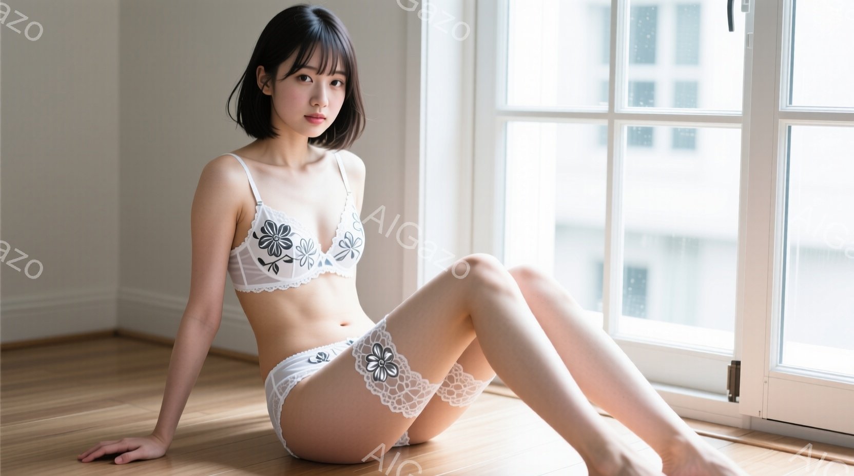 長い黒髪で前髪のある女性が、レースの白いブラとショーツのセットを身に着けて床に座っている。彼女は片足を曲げ、もう片方を伸ばしてリラックスした姿勢を見せている。背景には大きな窓と、ぼやけた都市の風景が見 - AI生成フリー素材