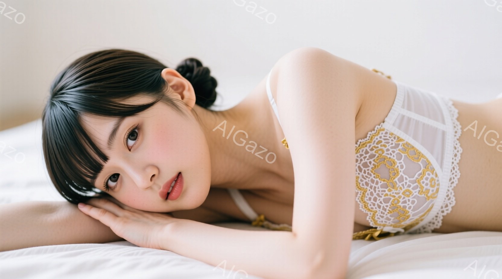 黒髪の女性が白いベッドに横たわっており、レースの白いブラレットを着用しています。彼女は片手を頬に当て、カメラに向かって優しく微笑んでいます。全体的に柔らかく、穏やかな雰囲気が漂っています。 - AI生成フリー素材