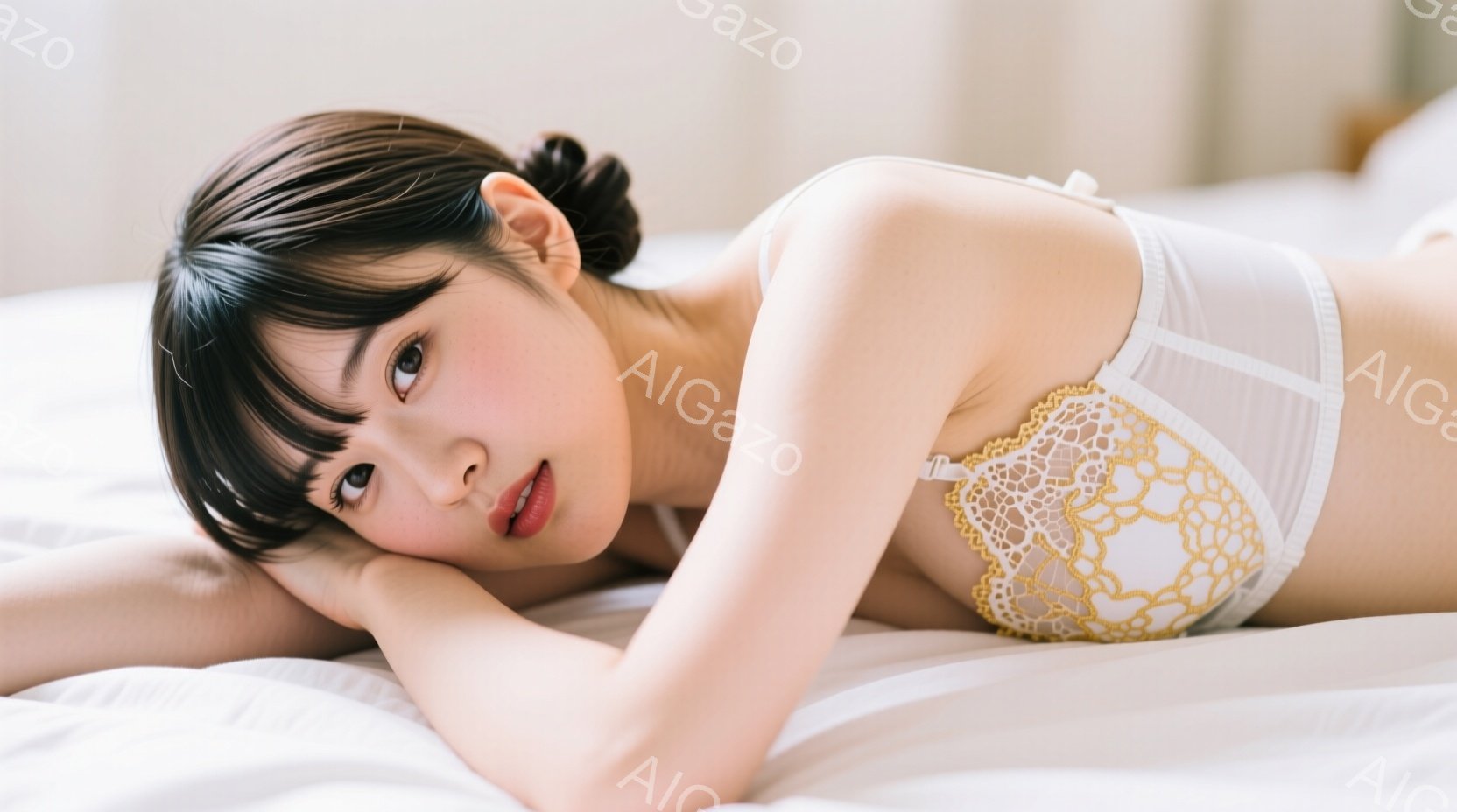 長い黒髪で前髪が目の上まで覆っている女性が、白いレースのブラレットを着用してベッドに横たわっています。彼女は片手を頬にあて、カメラを見つめ、少し微笑んでいます。背景は白く、柔らかい光が全体を包み込み、リラックスした雰囲気を醸し出しています。