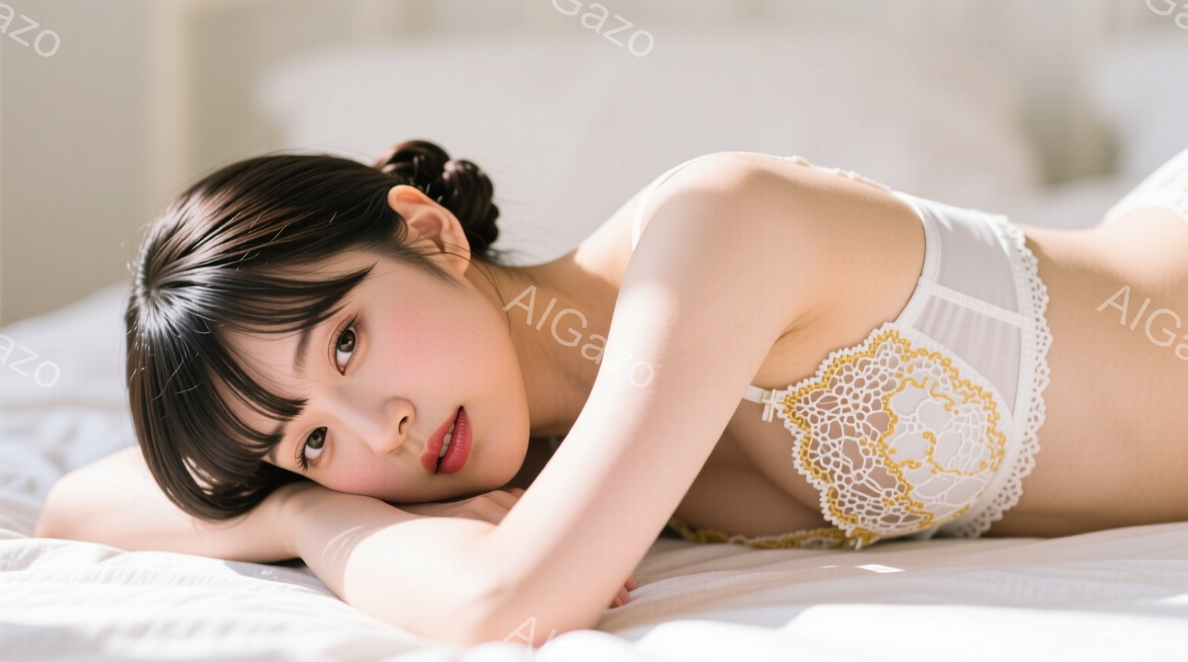 長い黒髪を肩にかけ、明るい表情でカメラを見つめる女性が描かれています。白いレースのブラジャーと、おそらくベッドシーツと思われる白い布の上に横たわり、片手を顔の下に添えています。背景はぼやけていますが、 - AI生成フリー素材