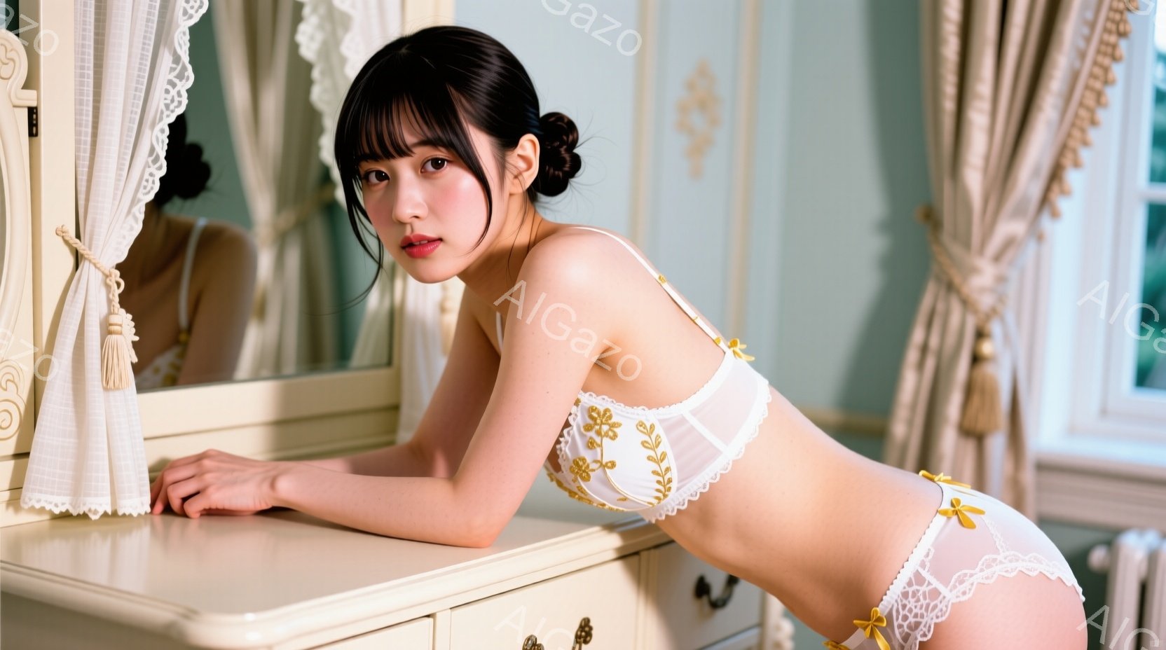 長い黒髪を後ろでまとめ、白いレースのブラとショーツ姿の女性が描かれています。彼女はアイボリーのドレッサーにもたれかかり、少し下を見ている表情で、優雅でセクシーな雰囲気を醸し出しています。背景には、窓から差し込む光と、クラシカルな装飾が施された部屋が広がっています。