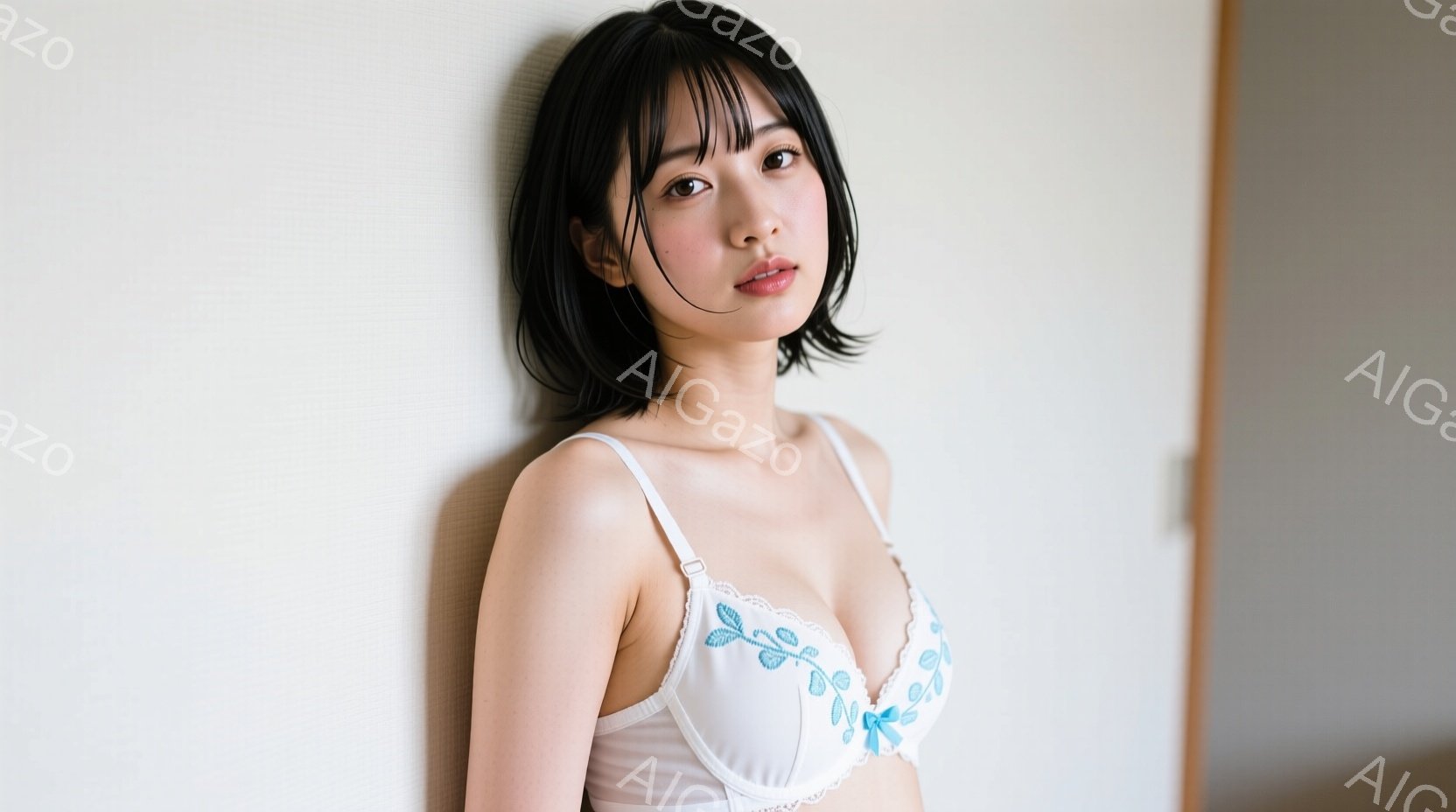 黒髪の女性が白いレースのブラレットを着用し、壁にもたれて立っている。彼女は少し微笑み、落ち着いた表情で、穏やかな雰囲気を醸し出している。背景は薄いベージュの壁で、右側には白いドア枠が見え、全体的に柔らかく、親密な空間が演出されている。