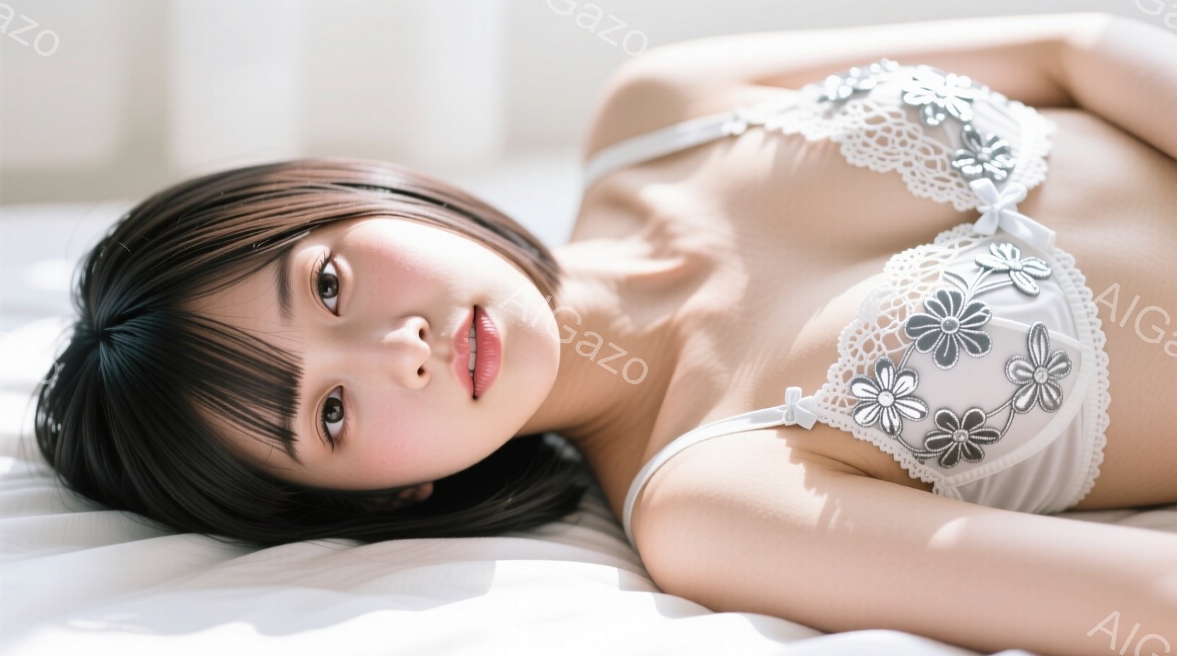 黒髪の女性が白いベッドに横たわっています。彼女は肩出しの白いレースブラと下着を着用し、穏やかな微笑みを浮かべてカメラを見つめています。背景は白く、全体的に柔らかく、リラックスした雰囲気が漂っています。 - AI生成フリー素材