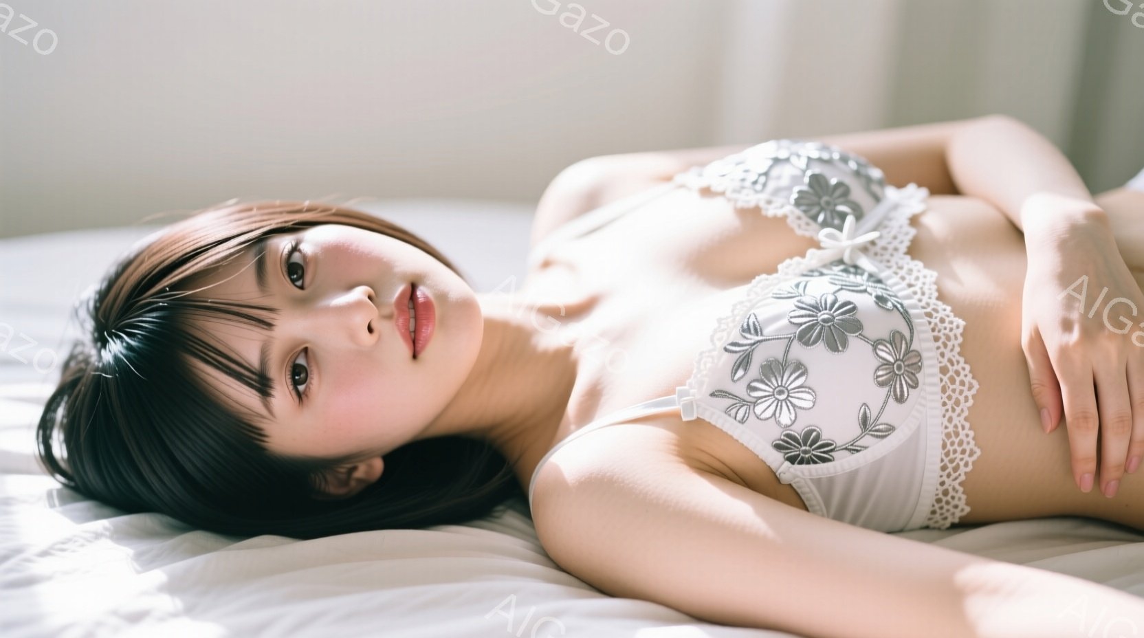 濃い黒髪で前髪が目にかかる女性が、白いレースのブラレットを身につけ、白いシーツの上に仰向けに横たわっています。彼女はカメラに向かって微笑み、リラックスした表情をしています。背景はぼやけており、明るく穏 - AI生成フリー素材