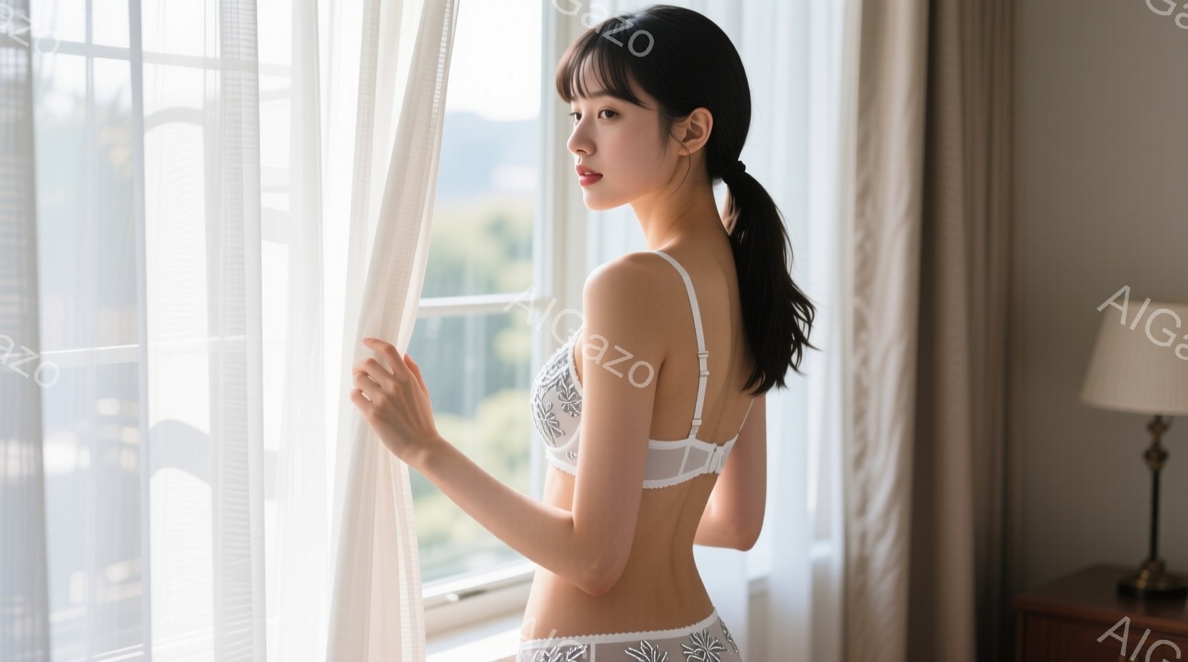 長い黒髪を後ろで一つにまとめた女性が、白いレースのブラジャーとショーツ姿で窓辺に立っている。彼女は少し振り返り、穏やかな表情で遠くを見つめている。背景には、窓の外の緑豊かな風景と、部屋の中の木製の家具 - AI生成フリー素材