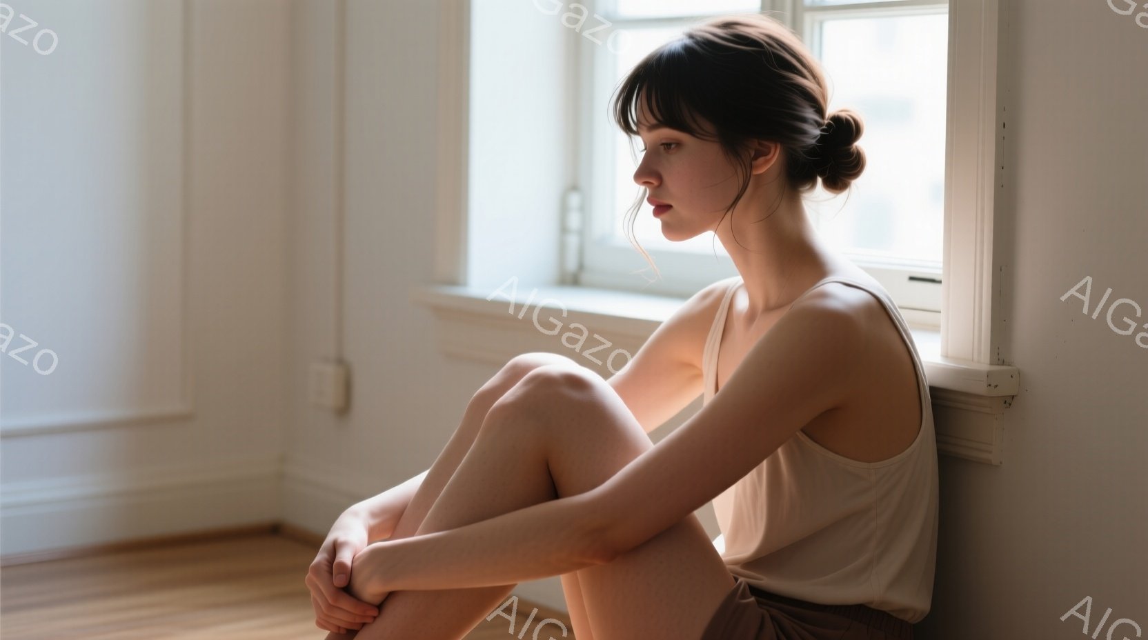 モデルは壁に寄りかかり、膝を抱えて座っています。オフホワイトのタンクトップとダークブラウンのショートパンツを着用し、髪は後ろでまとめられています。窓から差し込む光が彼女を照らし、物静かで内省的な雰囲気 - AI生成フリー素材