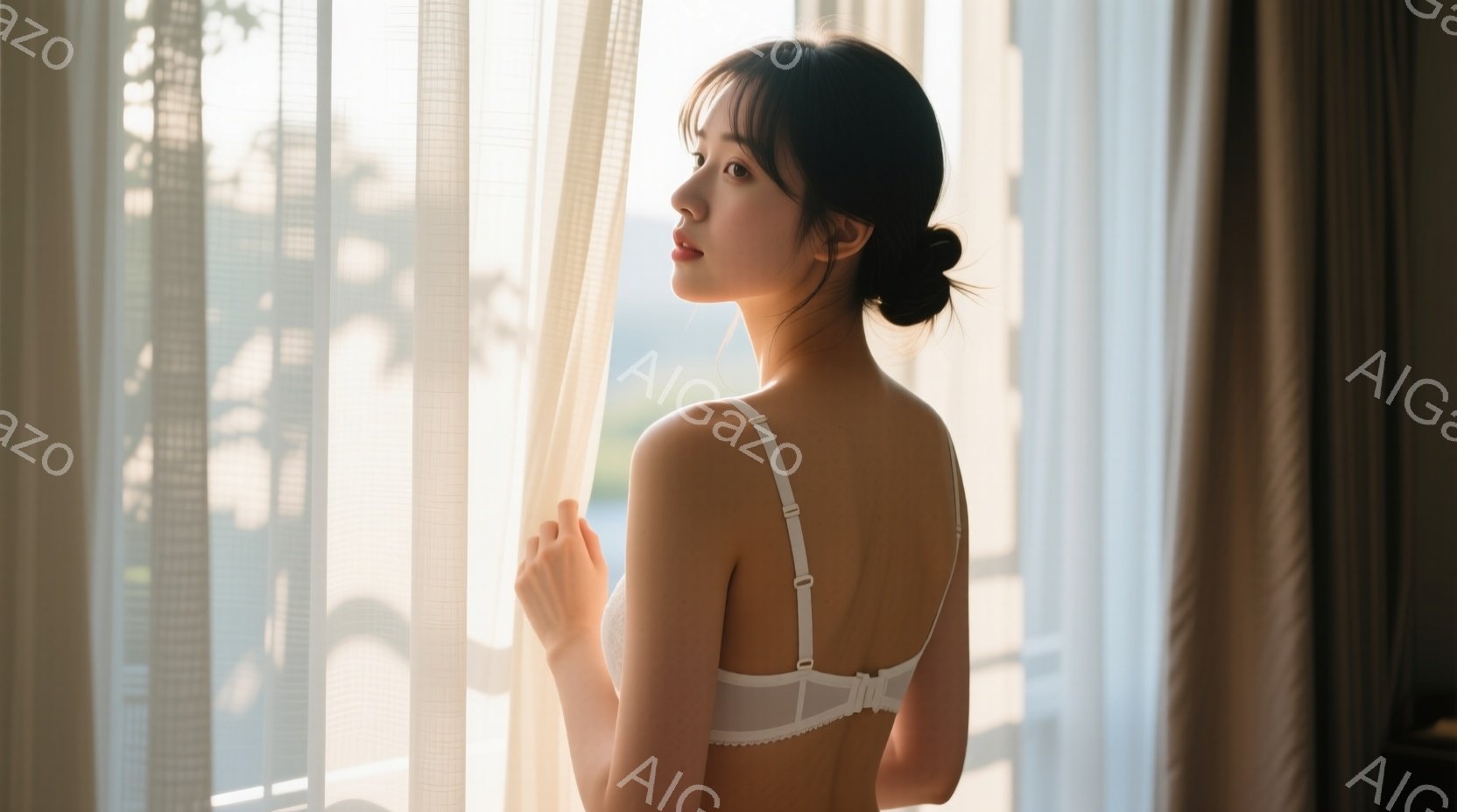 長い黒髪を後ろでまとめた女性が、白いレースのブラレット姿で窓辺に立っている。彼女は横を向き、少し憂いを帯びた表情で遠くを見つめている。背景にはぼんやりとした自然の風景が広がり、柔らかい光が彼女を照らし - AI生成フリー素材