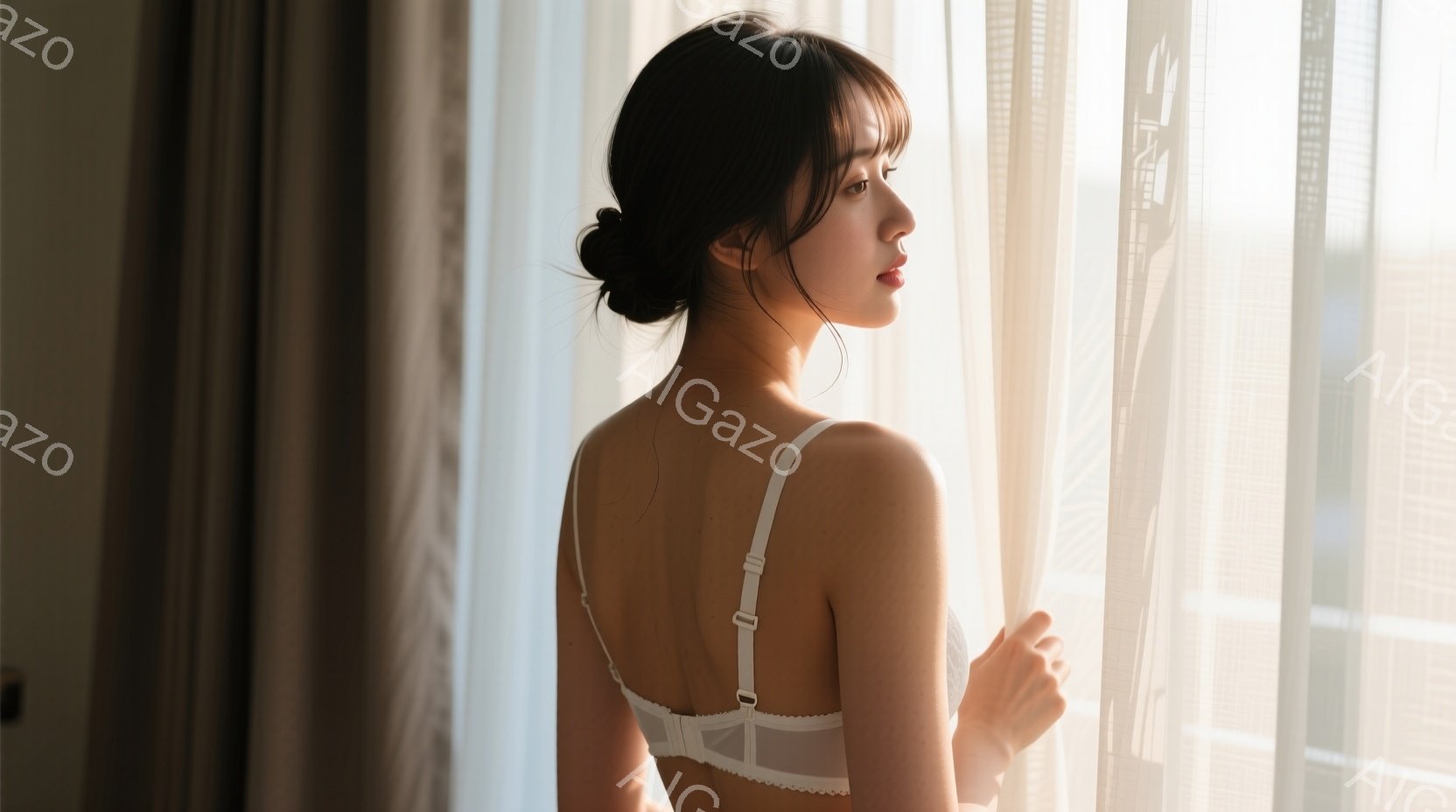長い黒髪を後ろでまとめた女性が、白いブラレット姿で窓辺に立っている。彼女は横顔で、わずかに唇を閉じ、物憂げな表情をしている。背景にはぼやけた都市の風景が広がり、白いカーテンを通して柔らかい光が差し込ん - AI生成フリー素材