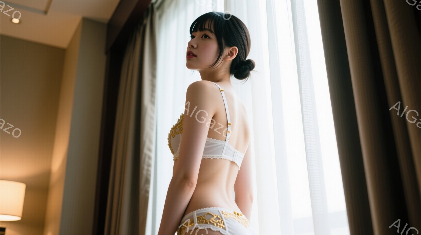 モデルは、オフホワイトのレース装飾が施されたブラジャーとショーツを着用し、窓辺に立っています。彼女は後ろ姿で、髪は肩にかかる程度の長さで、前髪が少しだけ顔にかかっています。背景は明るいベージュ色の壁と - AI生成フリー素材