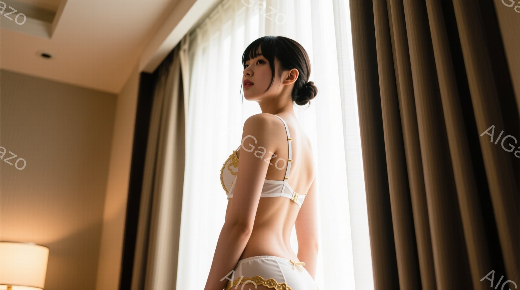 窓辺に立つ女性は、オフホワイトのレース装飾が施された下着姿で、背中を少し丸めています。黒髪を後ろでまとめ、微笑みを浮かべながら、薄明るい光が彼女のシルエットを強調しています。背景にはベージュ色のカーテ - AI生成フリー素材