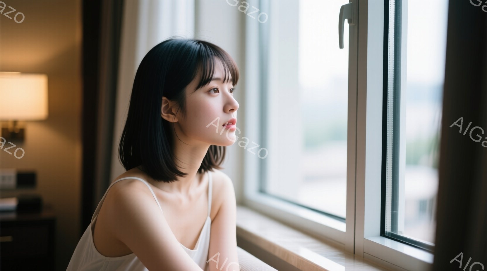 ショートヘアの女性が窓際に座り、外を眺めている。白いキャミソールを着ており、表情はどこか物憂げで、考え事をしているようにも見える。背景には高層ビル群がぼんやりと見え、曇り空が室内を柔らかい光で満たしている。