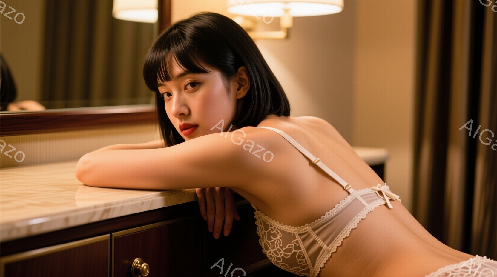 長い前髪が特徴的な女性が、クリーム色のレースのブラレットと下着を身に着け、木製のドレッサーに肘をついて横たわっています。彼女は少し憂いを帯びた表情でカメラを見つめており、ドレッサーの引き出しの金色の取っ手と、背景の暗いカーテンが、クラシカルな雰囲気を醸し出しています。全体的に、落ち着いたトーンの中に、どこか退廃的な美しさが感じられる写真です。