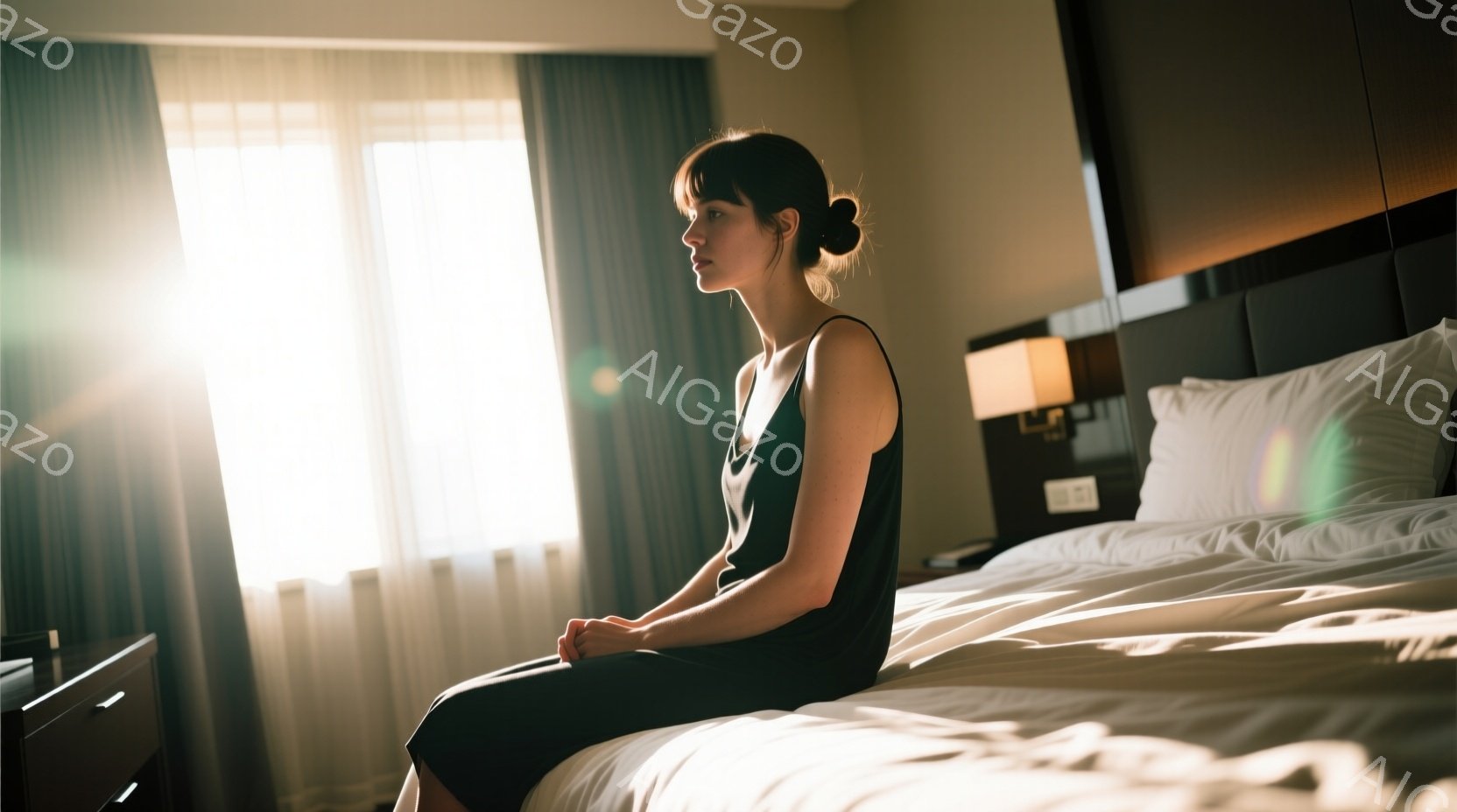 黒いドレスを着た女性がベッドに座っており、少し物憂げな表情で横を見つめている。背景にはカーテンが映り、強い光が差し込み、部屋全体が柔らかく照らされている。全体的に、静かで内省的な雰囲気が漂う。