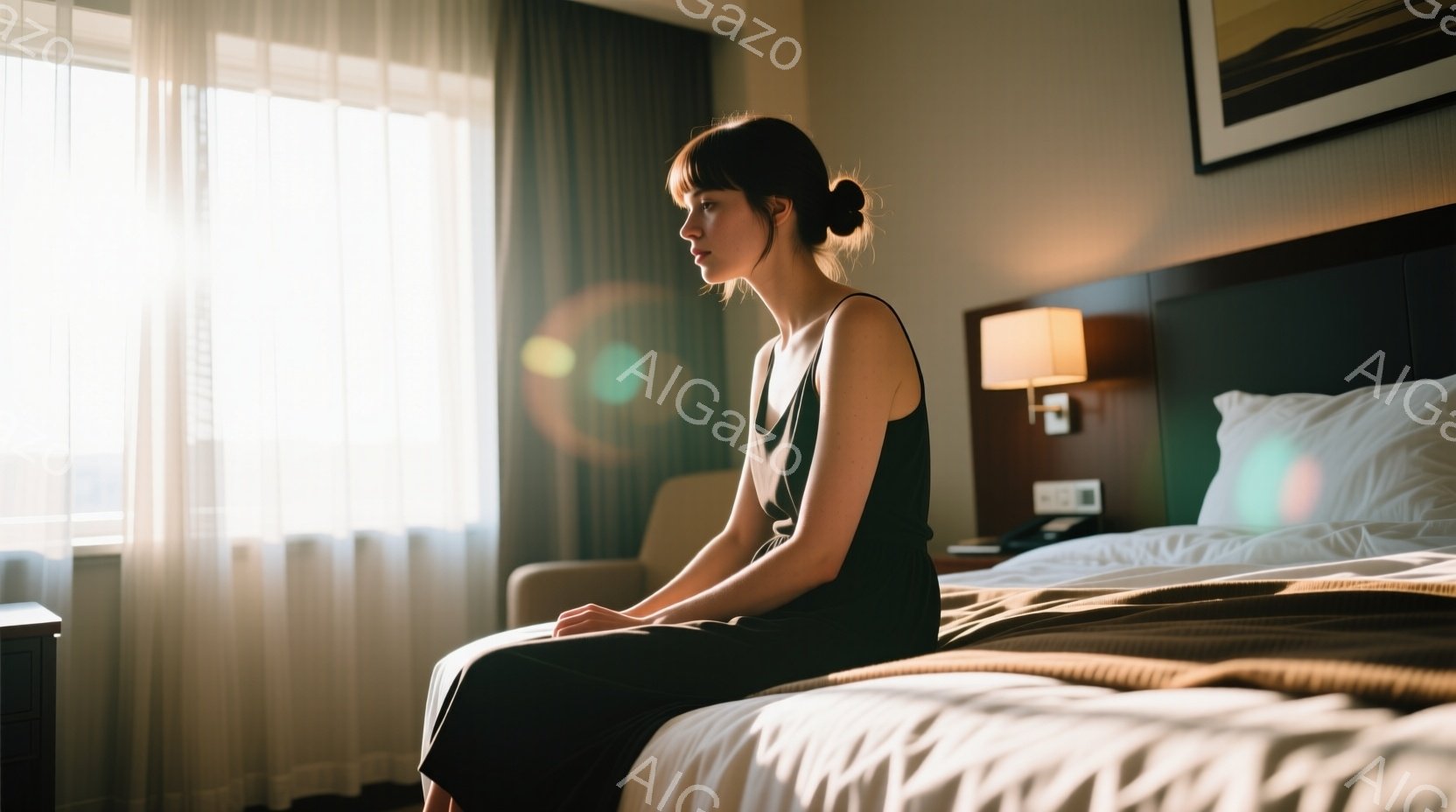 黒いワンピースを着た女性がベッドに座っており、やや物憂げな表情を浮かべている。背景にはぼやけた窓と家具が見え、部屋全体が柔らかい光に包まれており、静かで内省的な雰囲気を醸し出している。彼女の髪は後ろでまとめられ、シンプルでありながら上品な印象を与えている。