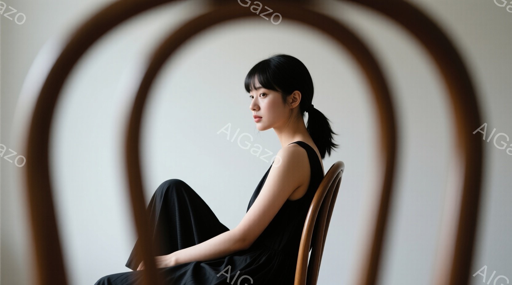 黒いワンピースを着た若い女性が椅子に座って、少し横を向いている。彼女はダークトーンの短い髪で、物憂げな表情をしている。背景は白く、椅子の一部が前景にぼやけており、全体的に静かで内省的な雰囲気を醸し出している。
