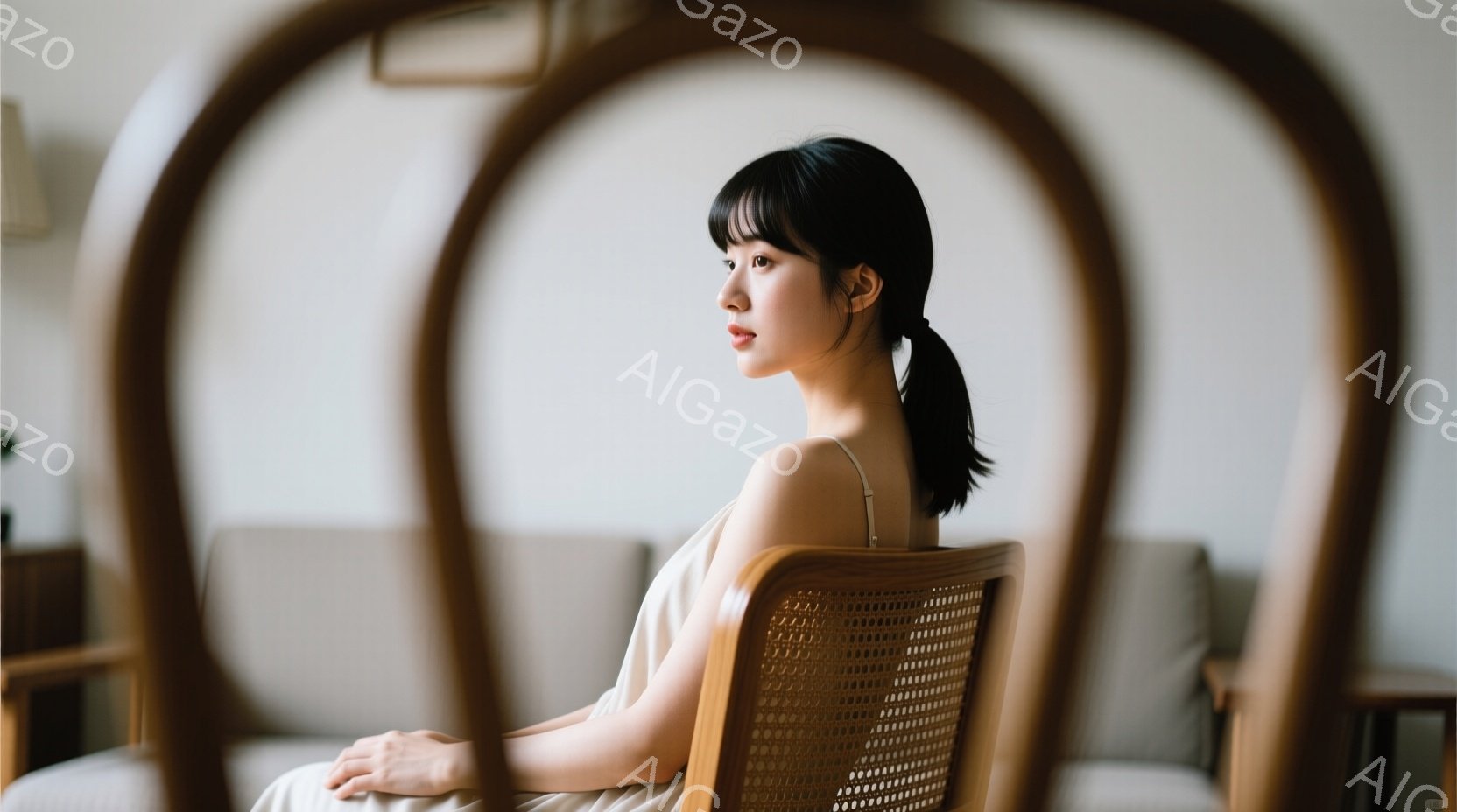 長い黒髪を後ろで一つに結んだ女性が、籐製の椅子の背もたれ越しに捉えられています。オフホワイトのシンプルなドレスを身につけ、横顔は穏やかで少し憂いを帯びた表情をしています。背景はぼやけていますが、居間のような空間で、全体的に柔らかく、落ち着いた雰囲気です。