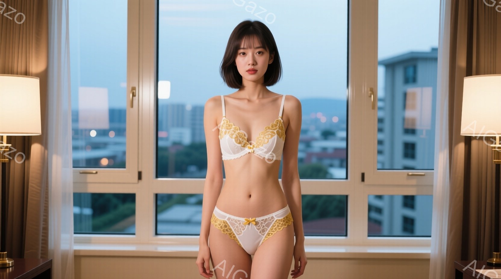 明るい茶髪のショートヘアの女性が、白いレースのブラとショーツのセットを身に着けて立っています。彼女は穏やかな表情でカメラを見つめ、少し微笑んでいます。背景には大きな窓と都市の景色が見え、天候は晴れで、 - AI生成フリー素材
