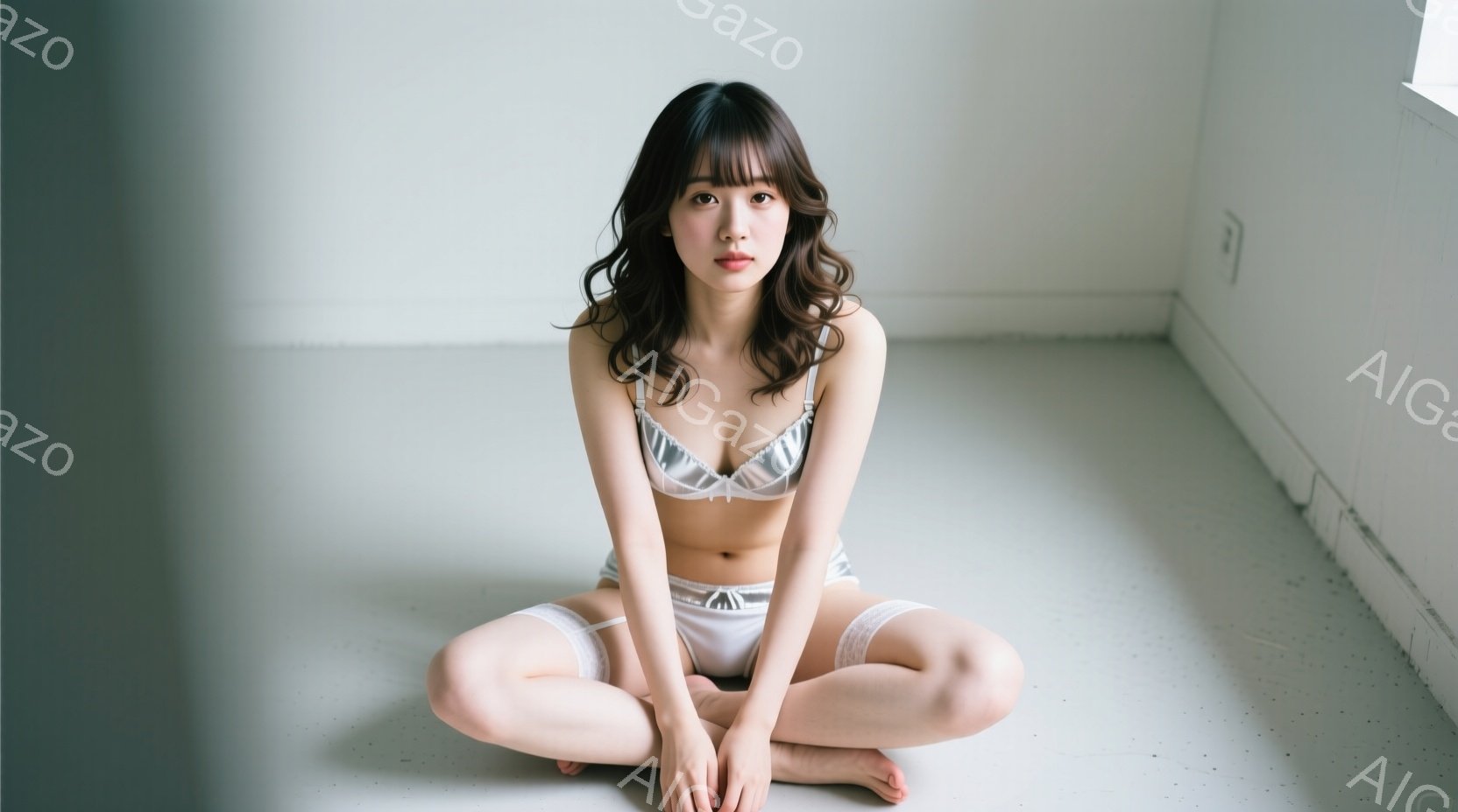 明るい髪の女性が、白いブラジャーとショーツのセットを身につけ、床に座っています。彼女は少し内向きに座り、足は組んでいますが、表情は穏やかで、わずかに微笑んでいるように見えます。背景は白くシンプルな壁と - AI生成フリー素材