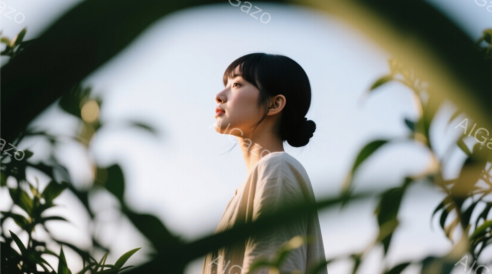 画像には、後ろ姿の女性が写っており、髪は後ろでまとめられています。彼女は薄い色のシャツを着ており、横顔は穏やかで、どこか遠くを見つめているようです。背景は緑の葉に囲まれており、空は白く晴れていて、全体的に静かで優しい雰囲気を醸し出しています。