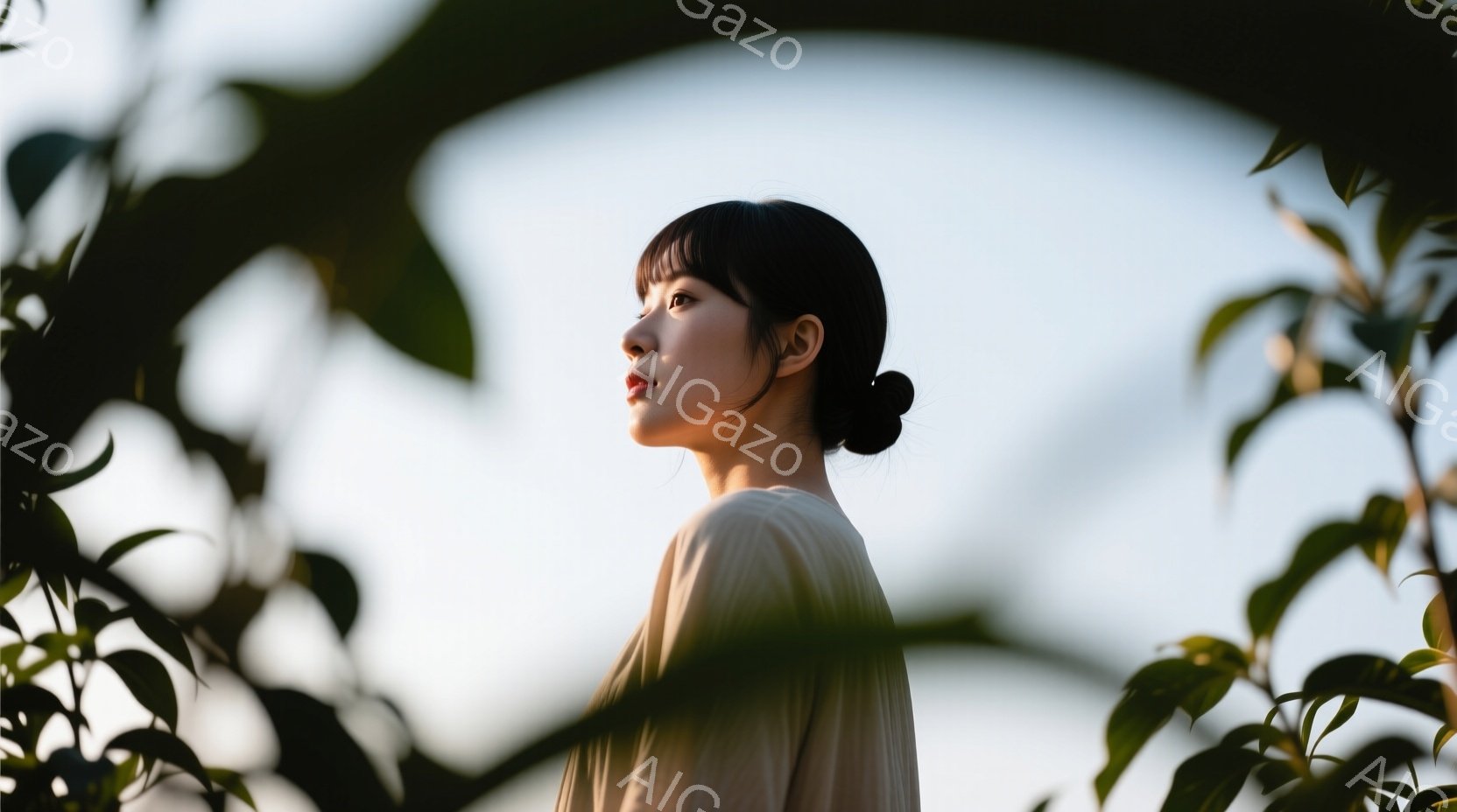 この女性は、肩出しのベージュ色のブラウスを着て、後ろで髪をまとめている。彼女は横を向き、遠くを見つめるような表情で、穏やかで思慮深い雰囲気を醸し出している。背景には緑豊かな葉がフレームのように配置され - AI生成フリー素材