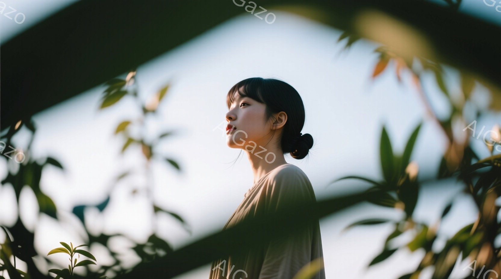 この女性は、クリーム色のシンプルなトップスを着ており、髪は後ろで優雅にまとめられています。彼女は少し上目線で遠くを見つめており、穏やかで物憂げな表情をしています。背景には緑豊かな植物と淡い空がぼやけて写り込み、柔らかく、自然な雰囲気を醸し出しています。