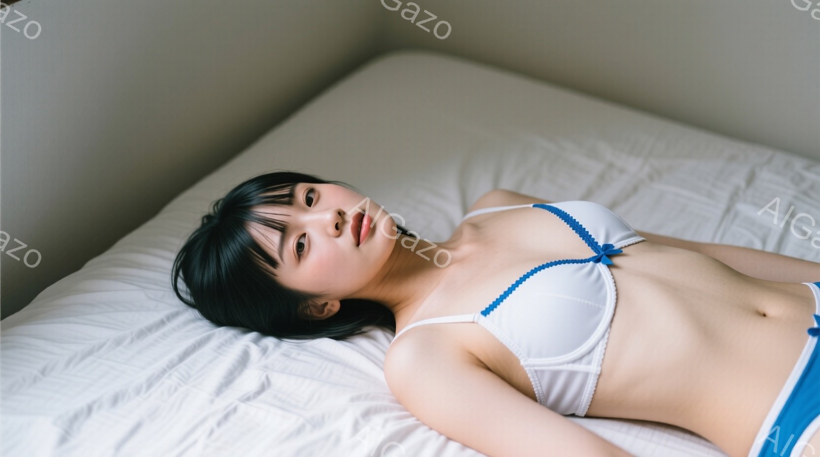 黒髪の女性が白いベッドに横たわっています。白いブラジャーと青い下着を身に着け、リラックスした表情でカメラを見つめています。背景は白く、シンプルで、全体的に穏やかでリラックスした雰囲気を醸し出しています - AI生成フリー素材