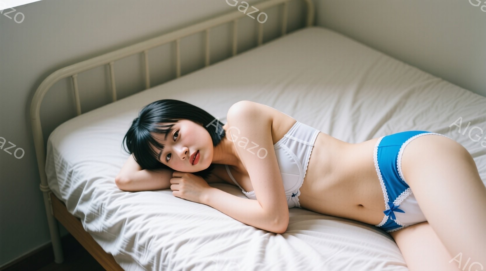 黒髪の短いヘアスタイルの女性が、白いベッドの上で横たわっています。白いレースのブラと、青いフリル付きのショーツを身に着け、片手を頬に当てて微笑んでいます。背景はシンプルな部屋の一部で、全体的に柔らかく - AI生成フリー素材